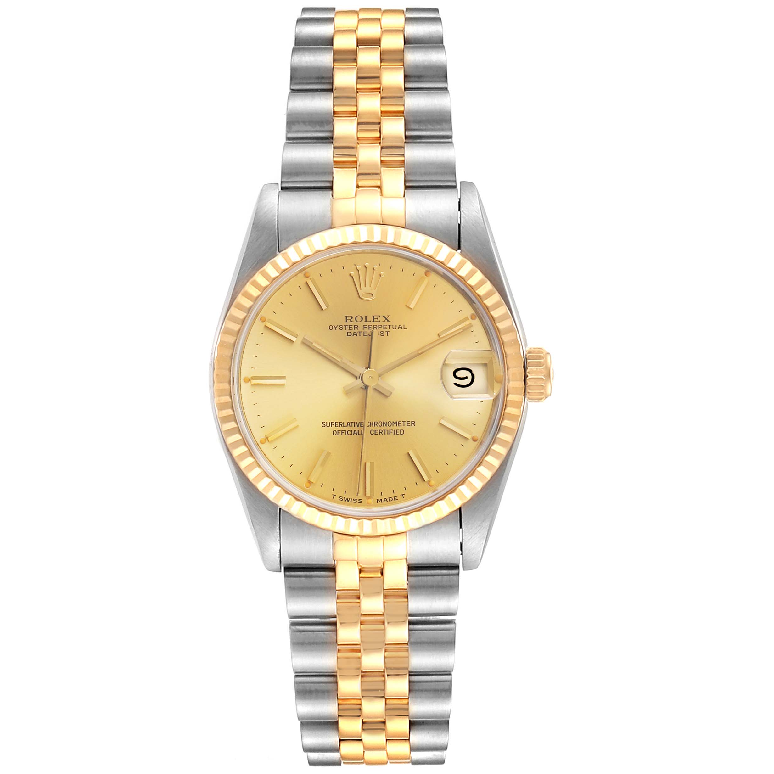 This image shows a front view of a Rolex Mid-Size 68273 Women
s Steel and Gold (two tone) Champagne Dial 68273 Women
s Steel and Gold (two tone) Champagne Dial Datejust watch, displaying the dial, bezel, crown, and bracelet.