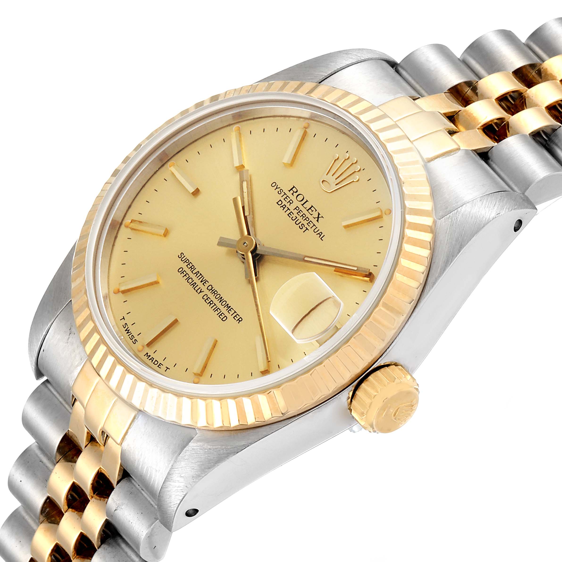 The image shows a close-up angled view of the Rolex Mid-Size 68273 Women
s Steel and Gold (two tone) Champagne Dial 68273 Women
s Steel and Gold (two tone) Champagne Dial watch, highlighting the dial, bezel, crown, and part of the bracelet.
