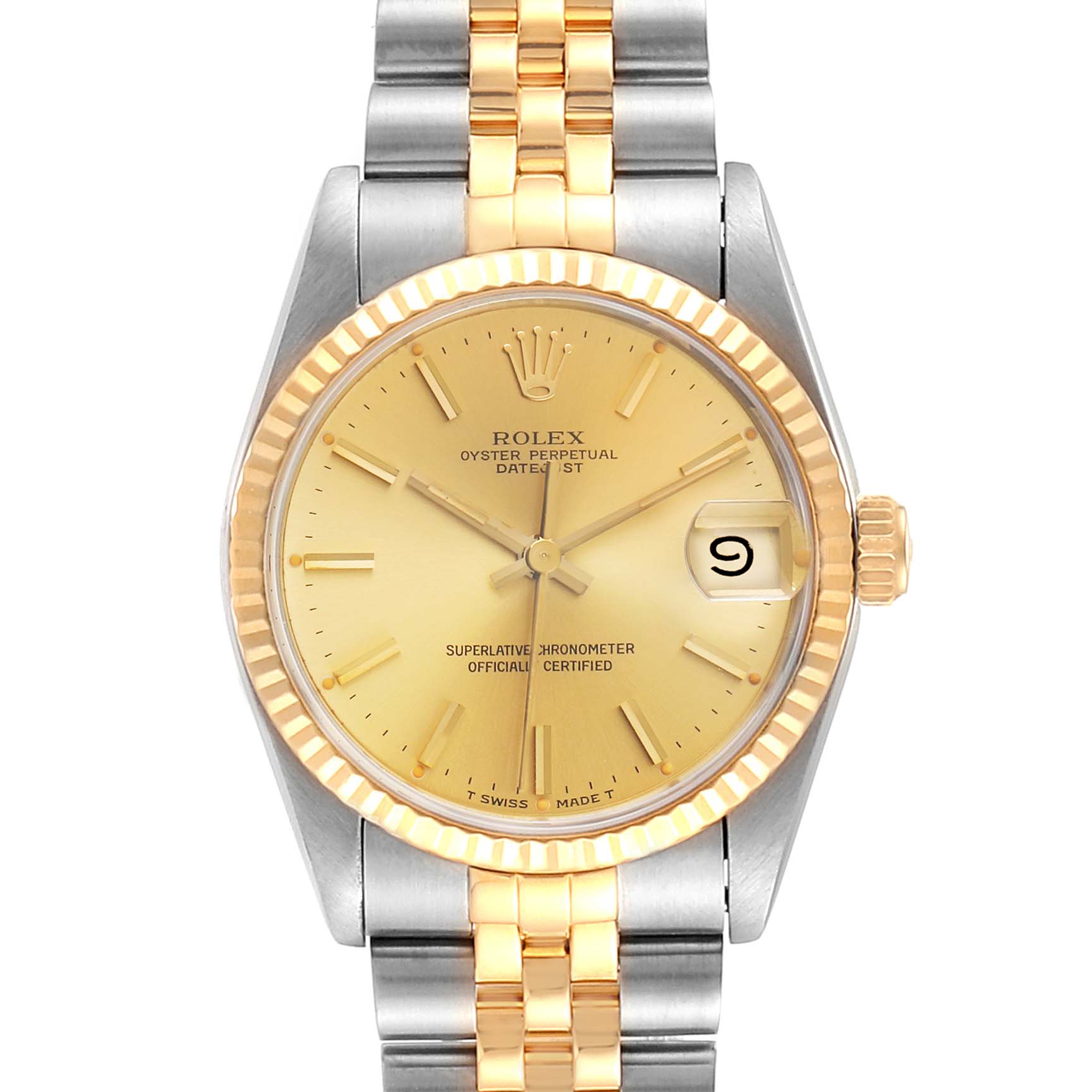 The Rolex Mid-Size 68273 Women
s Steel and Gold (two tone) Champagne Dial 68273 Women
s Steel and Gold (two tone) Champagne Dial Oyster Perpetual Datejust watch is shown from a front angle, displaying the dial, bezel, and bracelet.