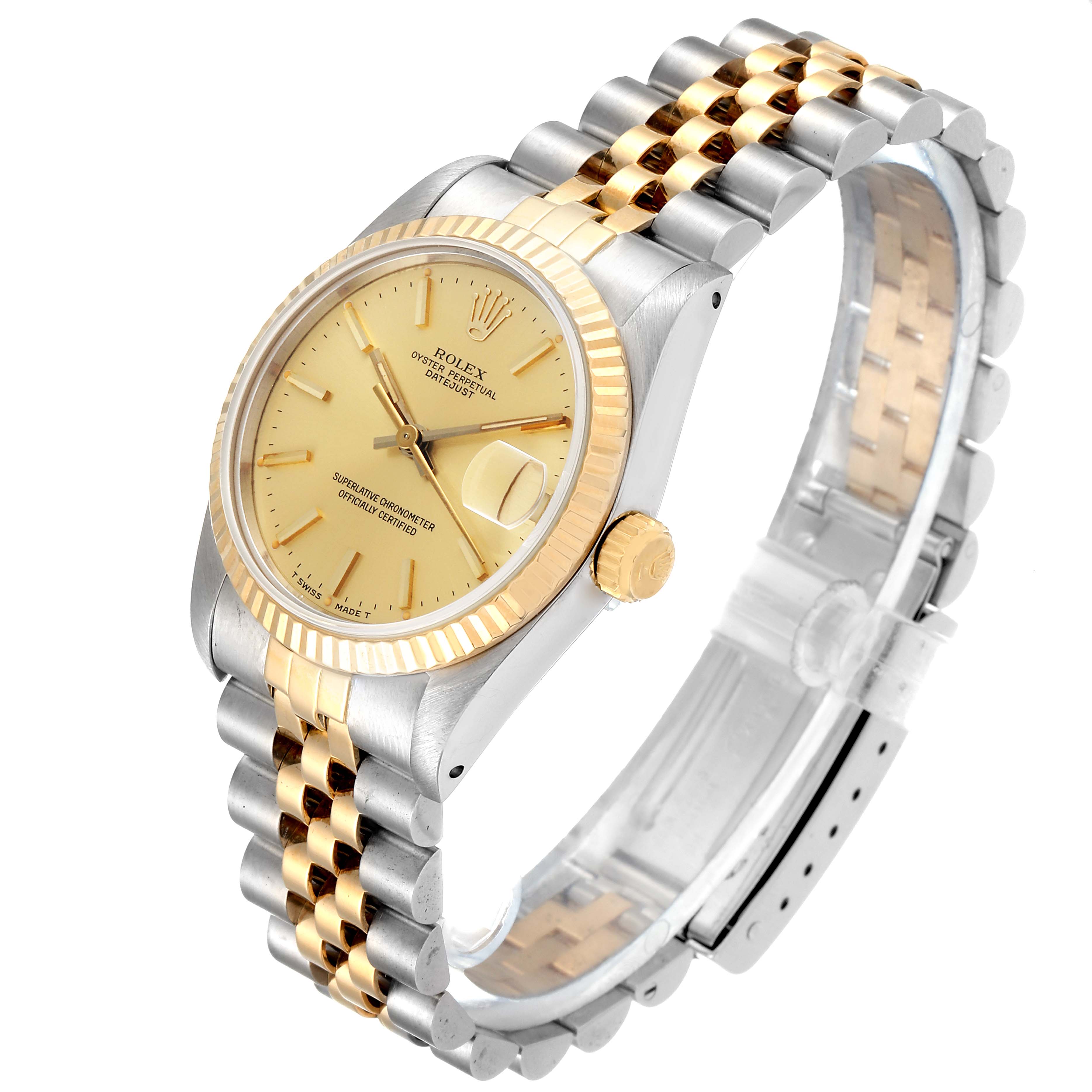 This Rolex Mid-Size 68273 Women
s Steel and Gold (two tone) Champagne Dial 68273 Women
s Steel and Gold (two tone) Champagne Dial model watch is shown at a 3/4 angle, displaying the face, crown, and bracelet.