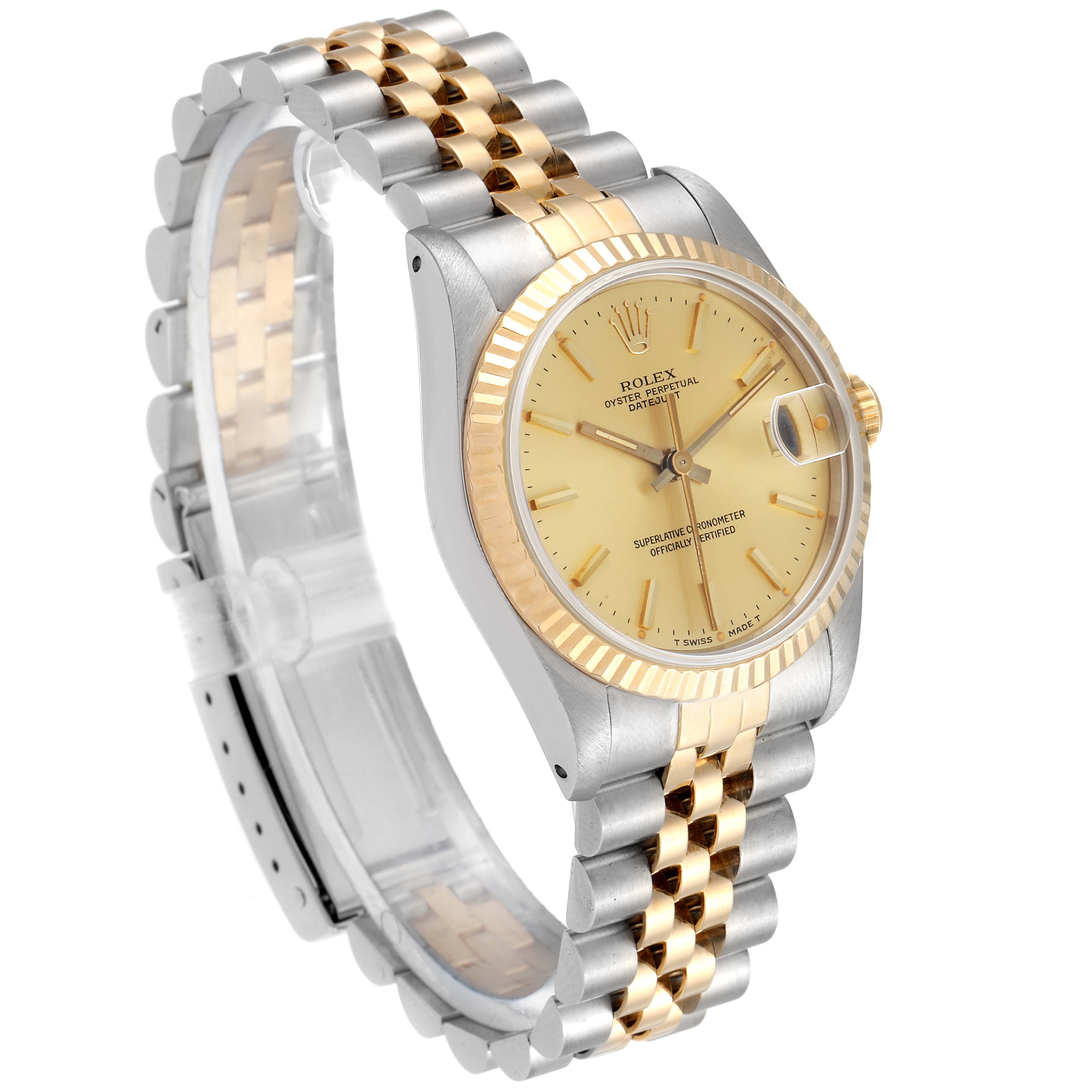 The image shows a Mid-Size Rolex watch featuring a two-tone bracelet, fluted bezel, and champagne dial, angled slightly to the left.