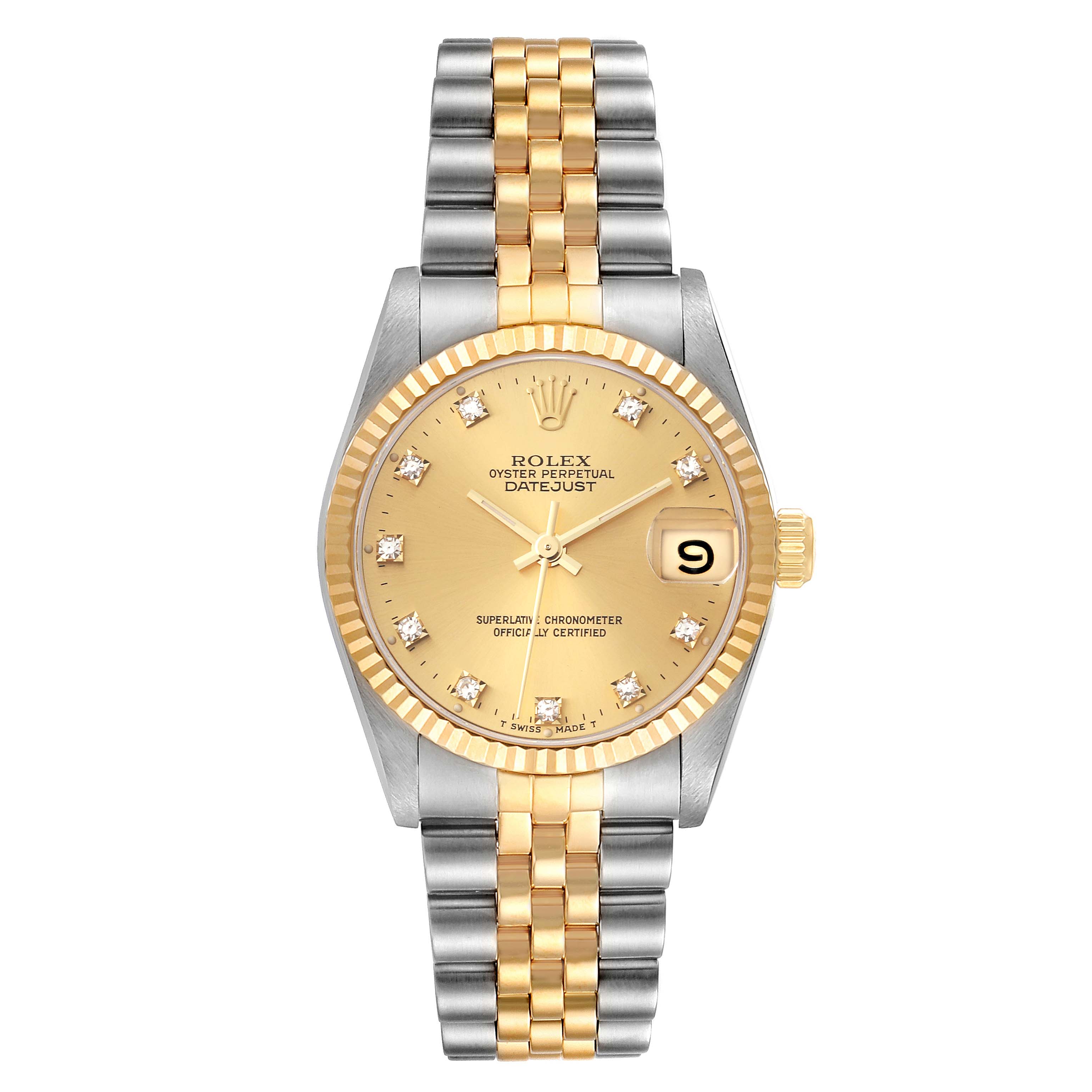 This is a front view of a Rolex Oyster Perpetual Datejust Mid-Size watch, showing the dial, bezel, and two-tone bracelet.