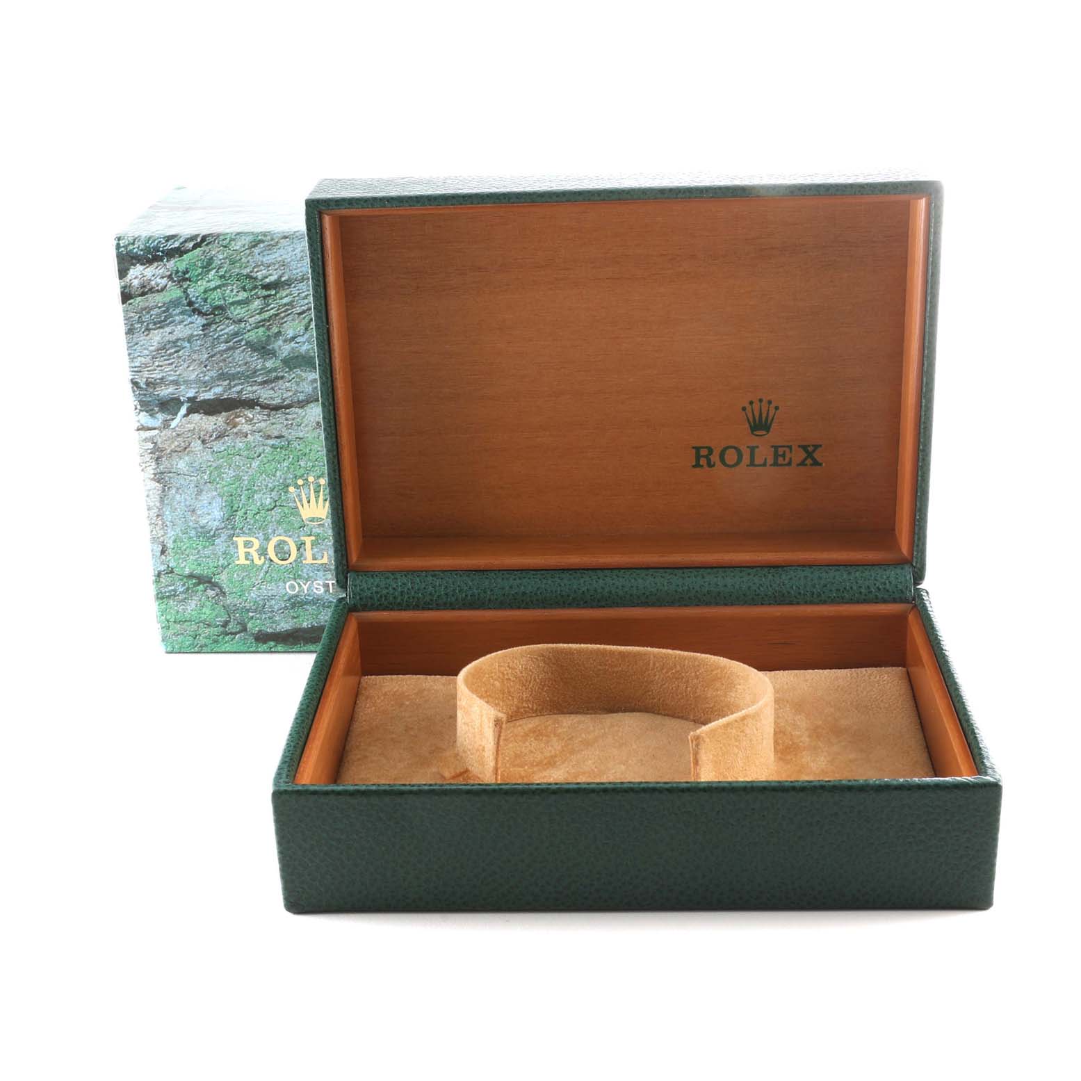 The image shows an empty Rolex Mid-Size 68273 Women's Steel and Gold (two tone) Champagne Dial 68273 Women's Steel and Gold (two tone) Champagne Dial watch box open, revealing its interior.