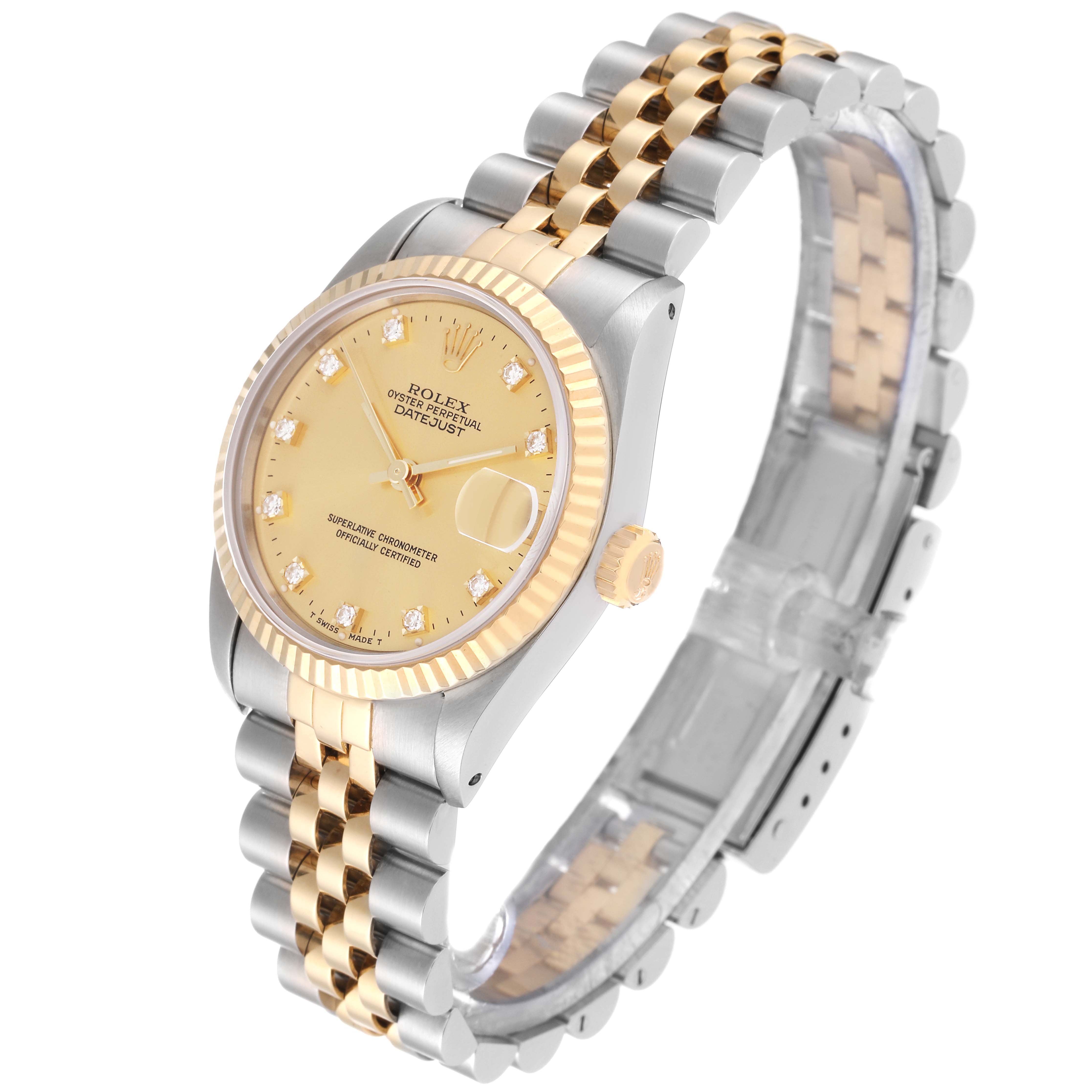 The image shows a Rolex Mid-Size 68273 Women's Steel and Gold (two tone) Champagne Dial 68273 Women's Steel and Gold (two tone) Champagne Dial model watch at an angled top-front view, displaying the face, bezel, and bracelet.