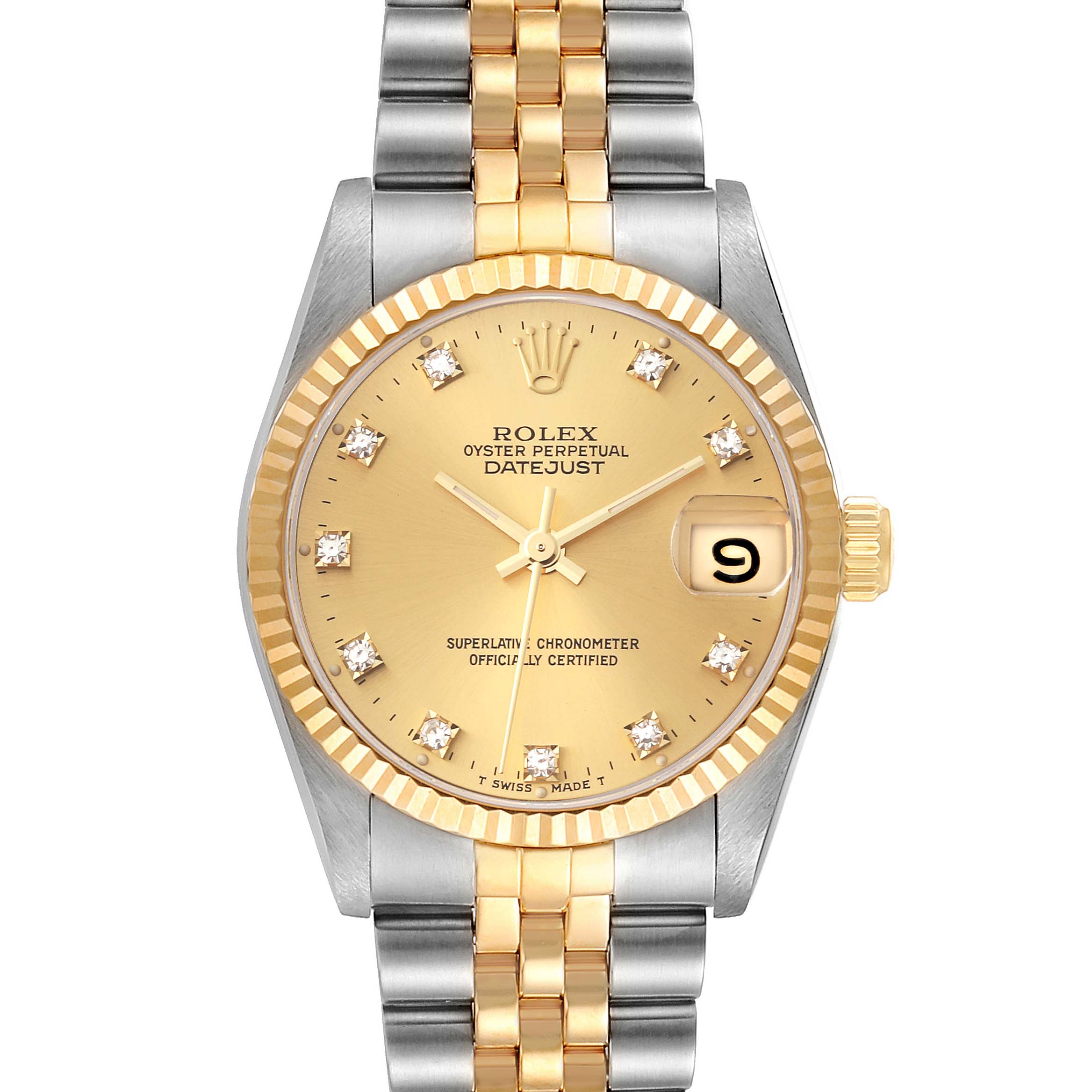 This image shows the front view of a Rolex Mid-Size 68273 Women's Steel and Gold (two tone) Champagne Dial 68273 Women's Steel and Gold (two tone) Champagne Dial Oyster Perpetual Datejust watch, featuring a gold dial, diamond markers, and two-tone bracelet.
