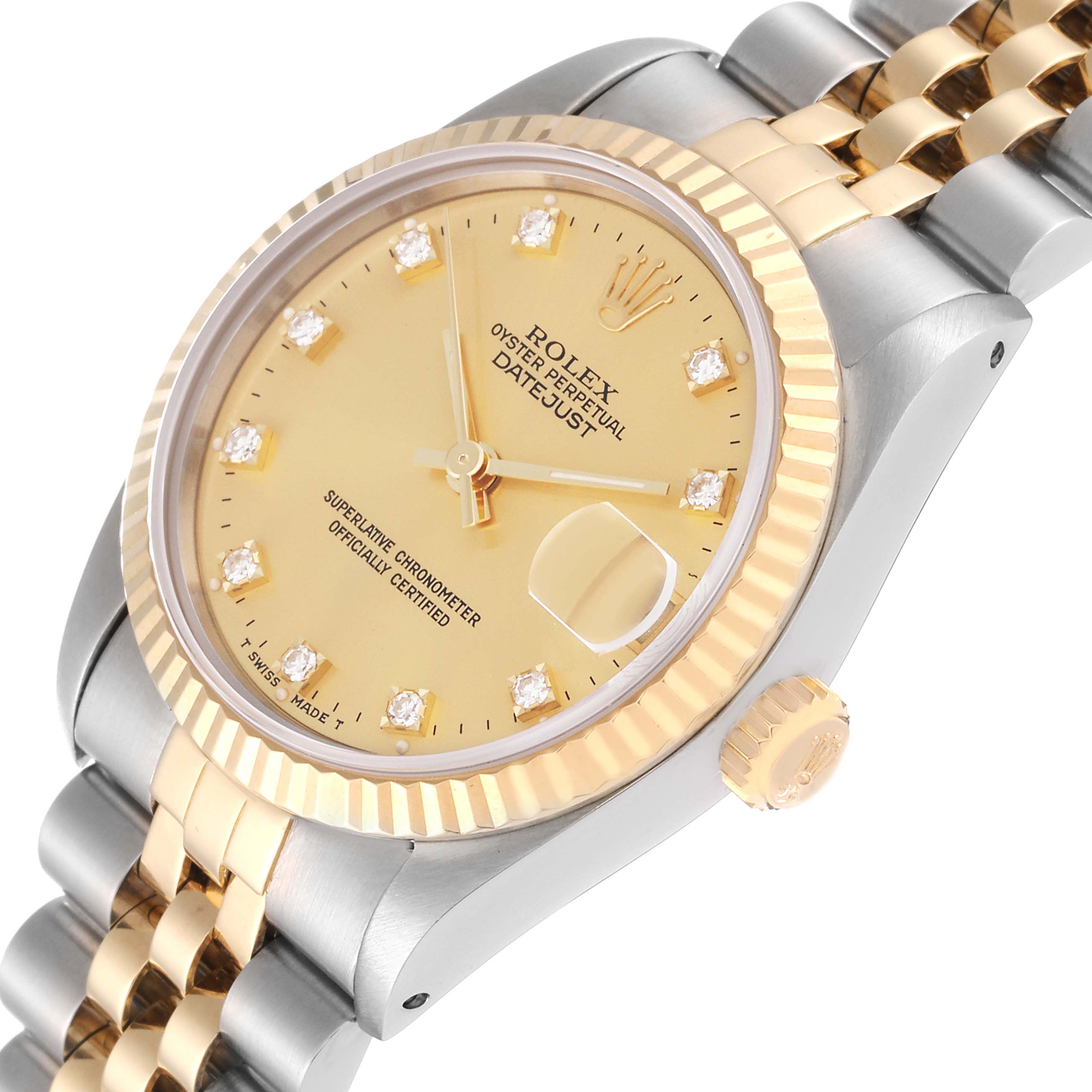 The image shows a close-up angled view of the Rolex Datejust Mid-Size watch, focusing on the dial, crown, and part of the bracelet.