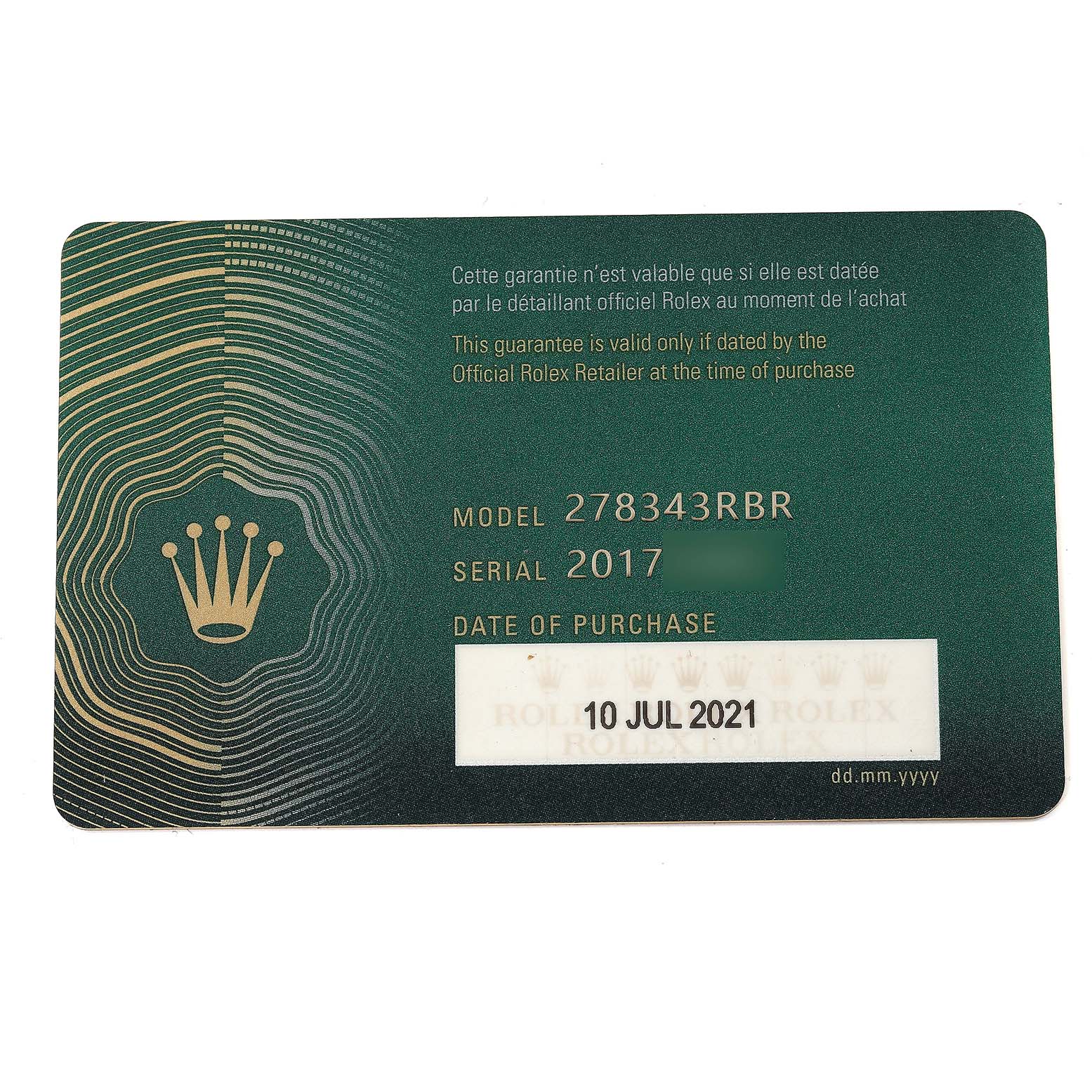 This is a Rolex guarantee card for the Mid-Size model 278343RBR, showing model number, serial number, and purchase date.