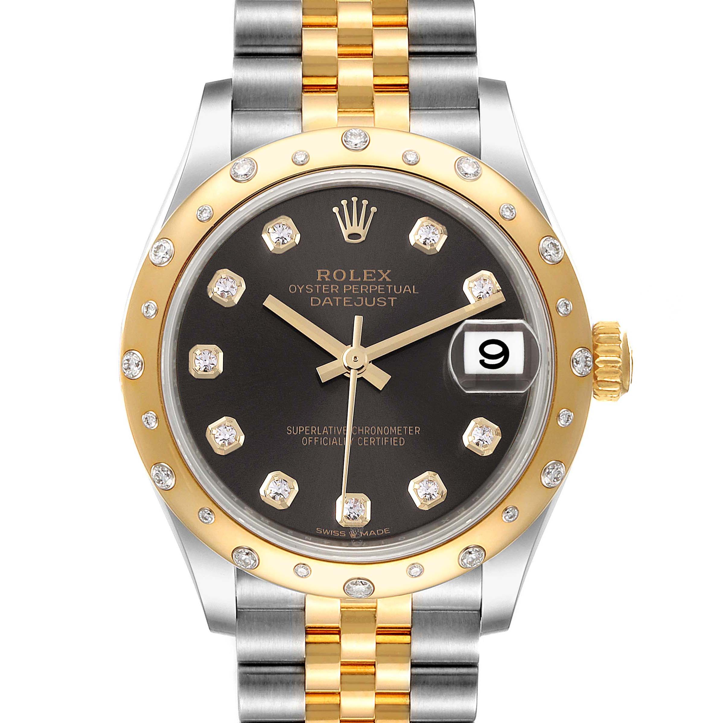 The Rolex Mid-Size 278343 Women's Steel and Gold (two tone) Grey Dial 278343 Women's Steel and Gold (two tone) Grey Dial Datejust watch is shown from a front angle, displaying its two-tone bracelet, diamond markers, and date window.