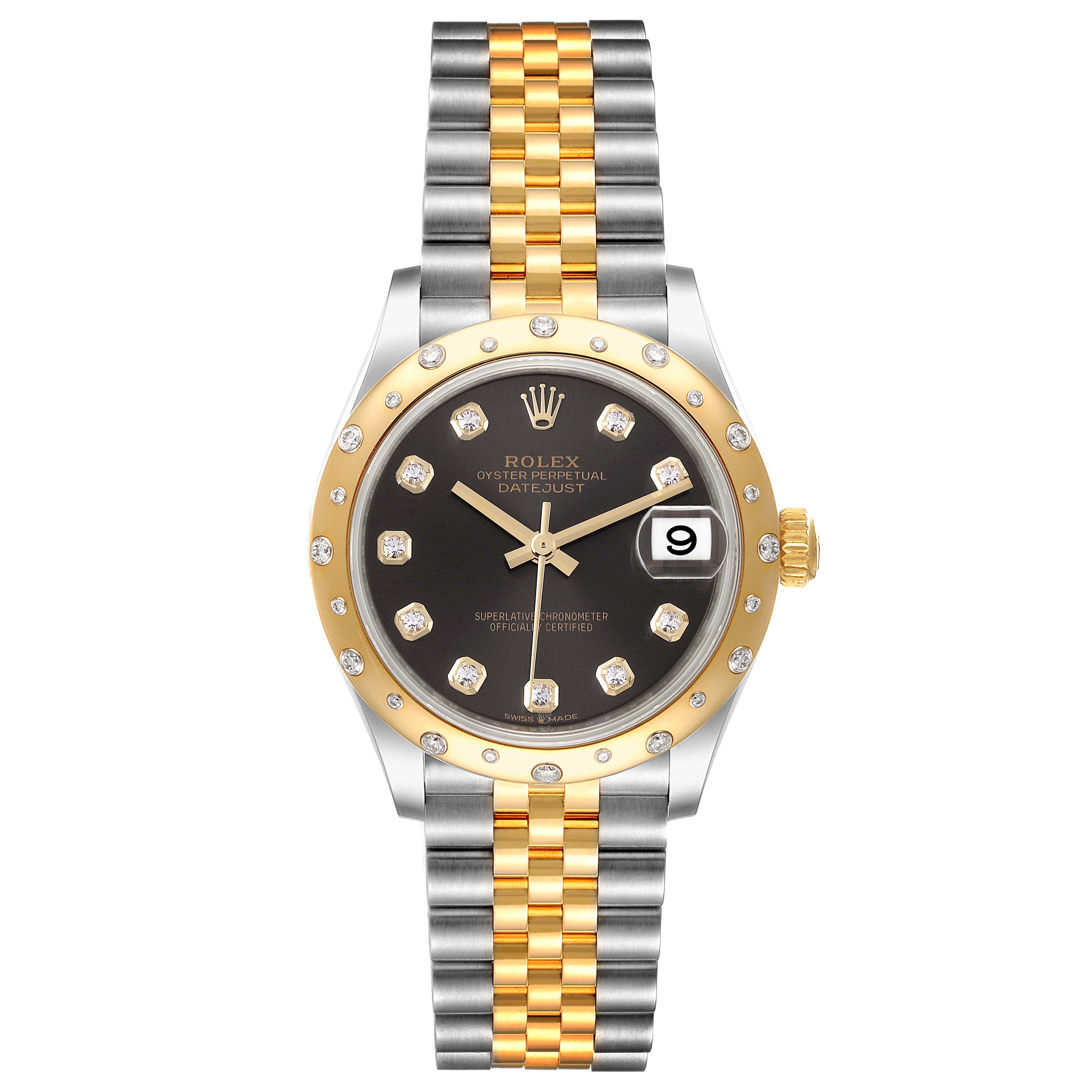 This image shows a front view of the mid-size Rolex Oyster Perpetual Datejust watch with a two-tone bracelet, diamond markers, and date display.