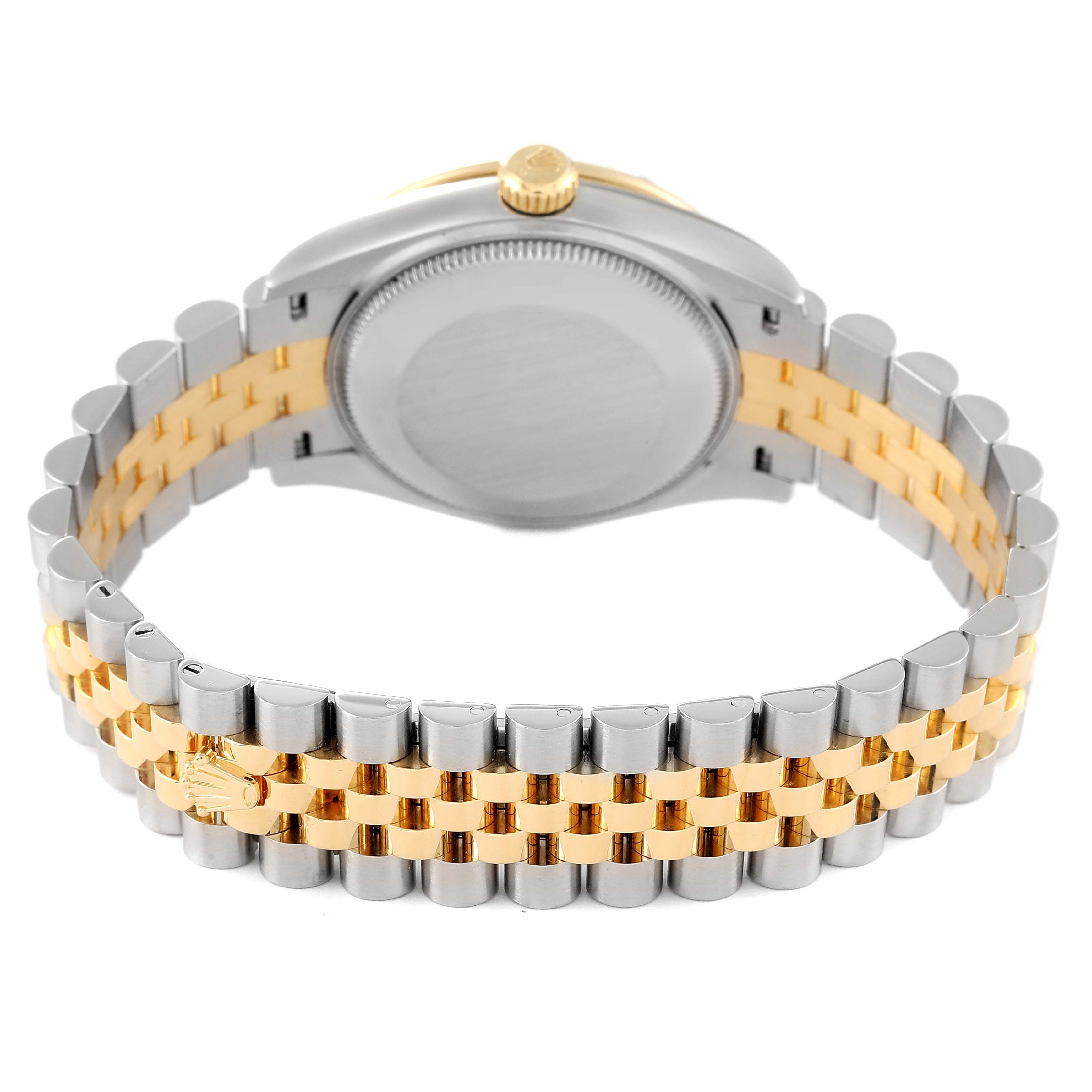 This image shows the backside of the Rolex Mid-Size 278343 Women's Steel and Gold (two tone) Grey Dial 278343 Women's Steel and Gold (two tone) Grey Dial watch, highlighting the two-tone stainless steel and gold bracelet and case back.