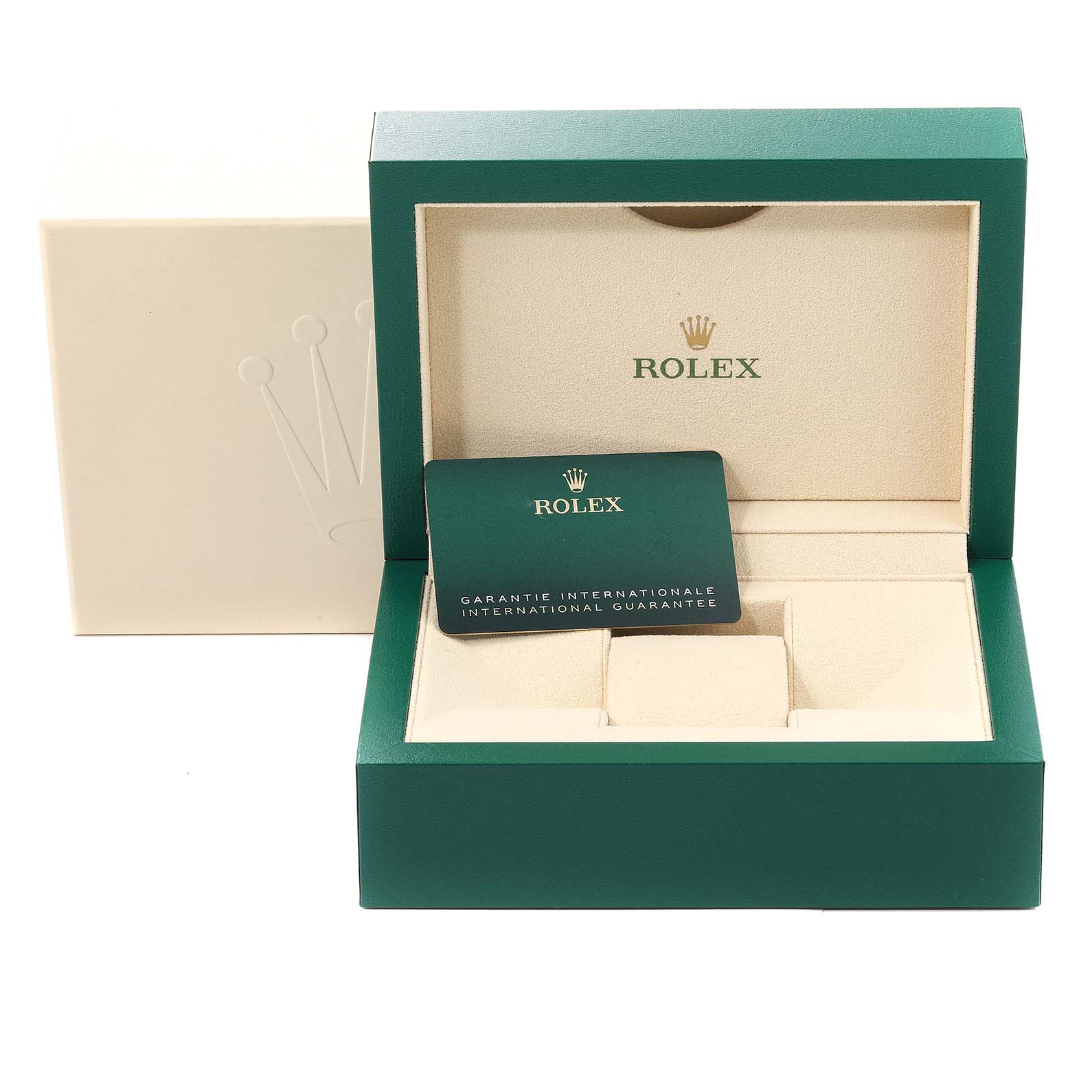 The image shows an open Rolex Mid-Size 278343 Women's Steel and Gold (two tone) Grey Dial 278343 Women's Steel and Gold (two tone) Grey Dial watch box with the warranty card, at a front-angle view.