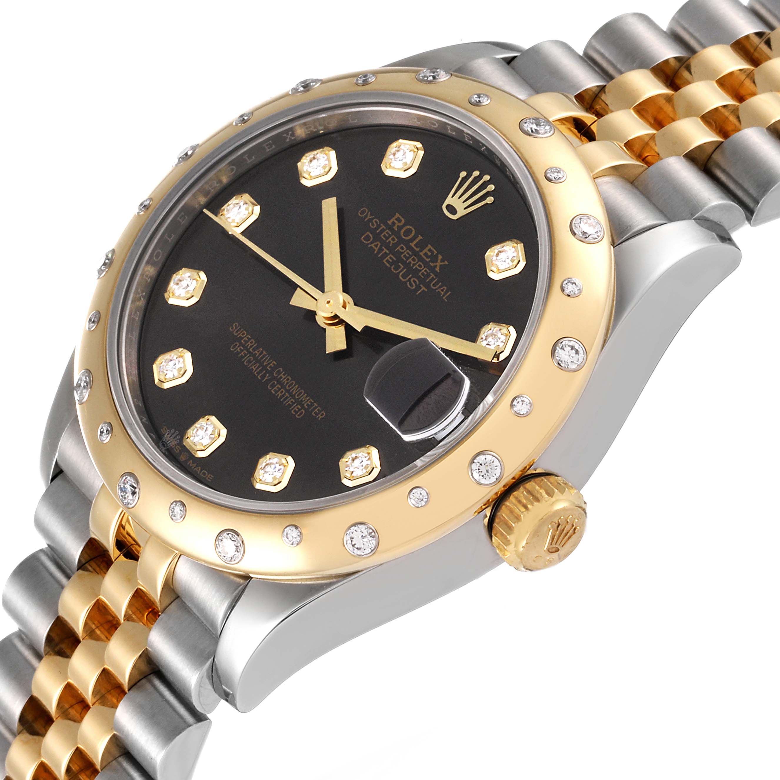This Mid-Size Rolex watch is shown at an angle highlighting the bezel, crown, dial, and part of the bracelet.