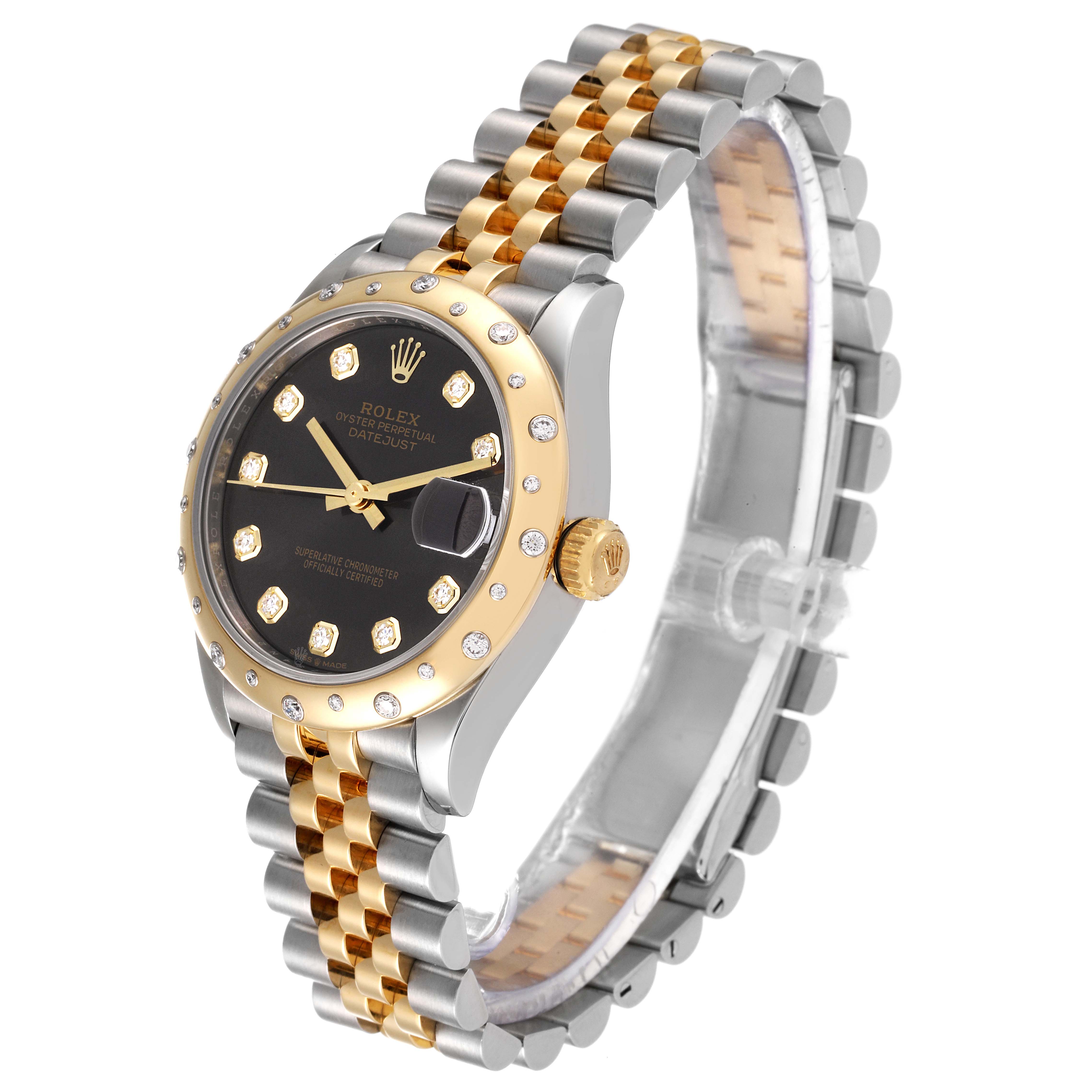 This image shows a side angle of the Mid-Size Rolex Datejust, displaying the bezel, dial, crown, and bracelet.
