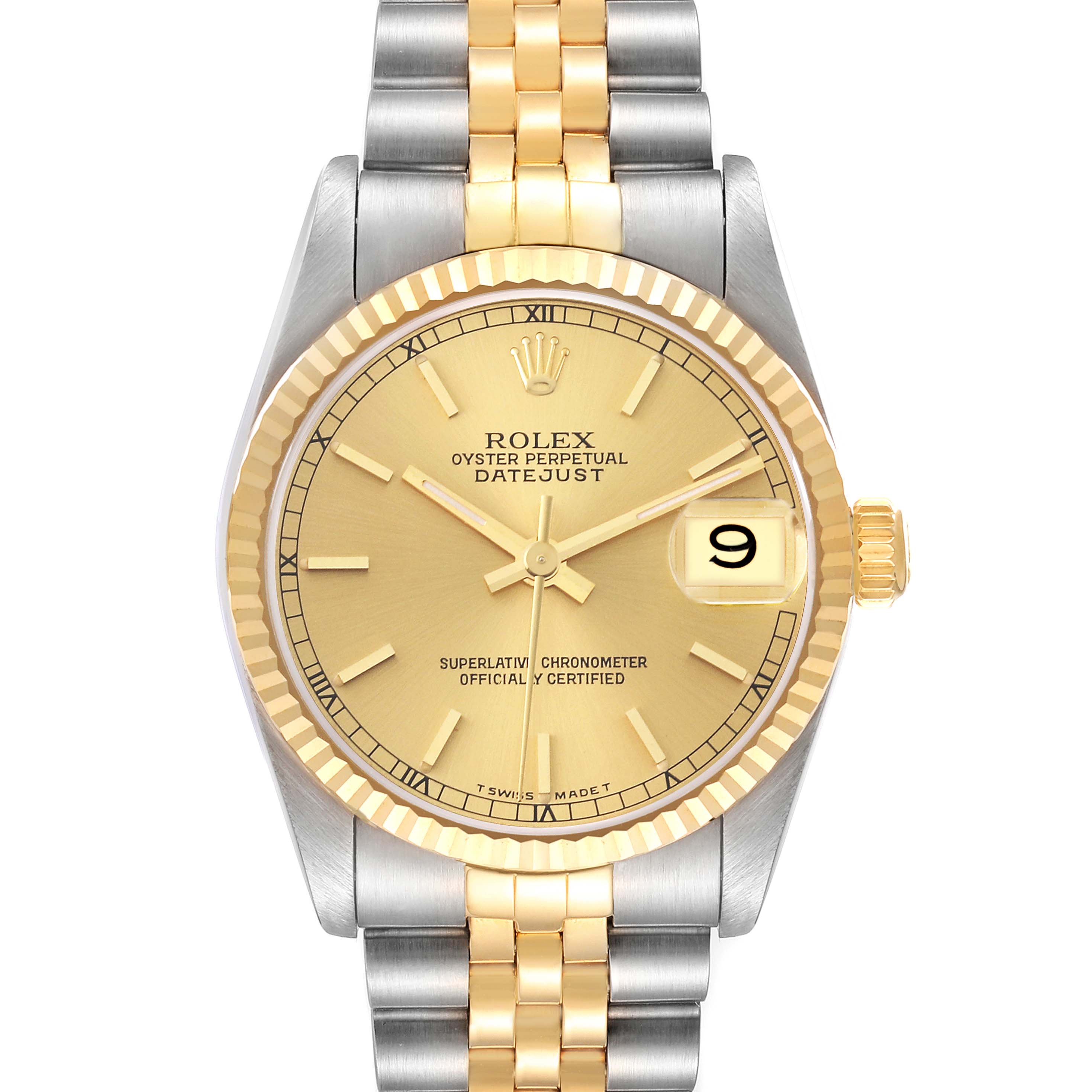 This image shows a Rolex Oyster Perpetual Datejust Mid-Size watch from the front, highlighting the dial, bezel, and bracelet.