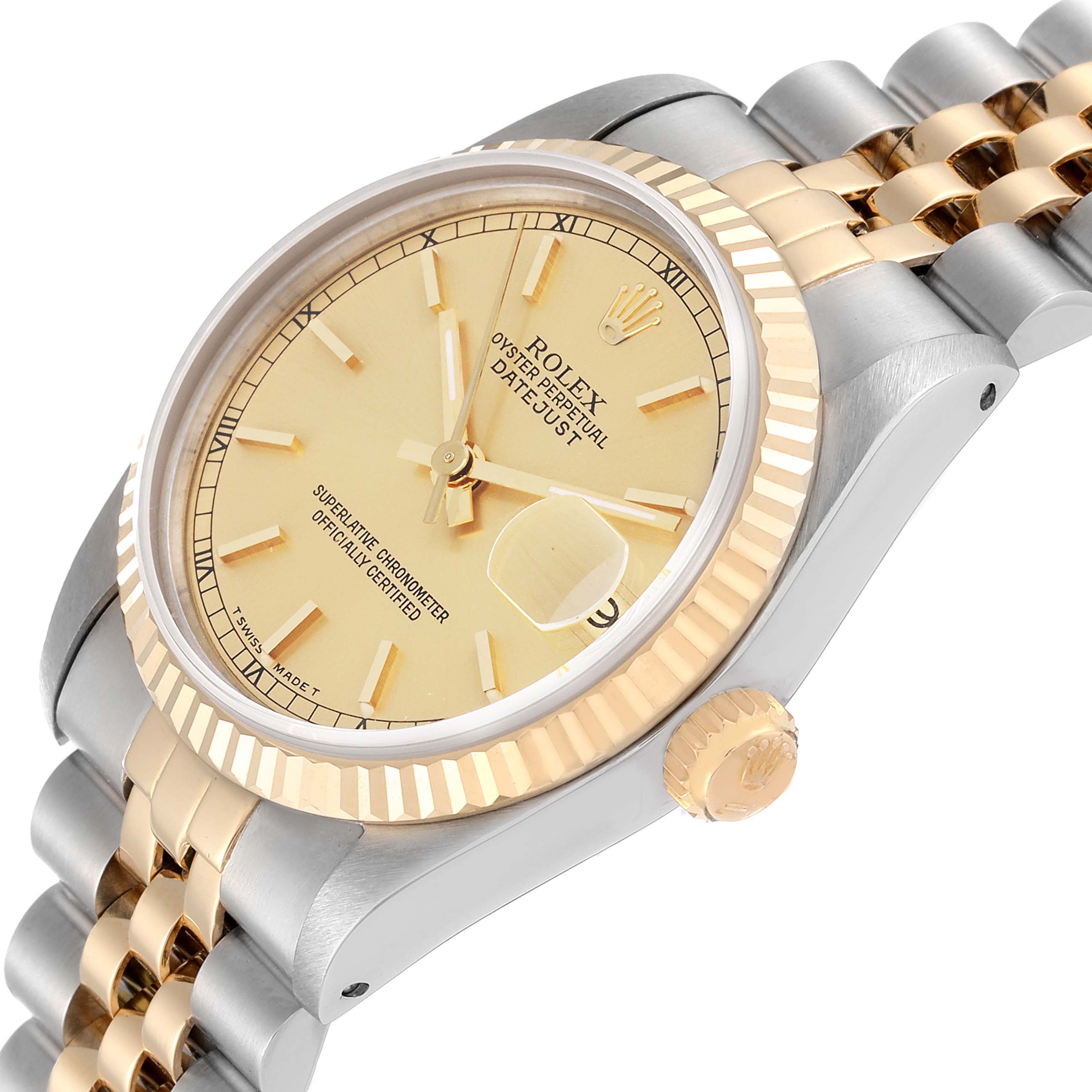 This image shows a close-up angled view of a Rolex Mid-Size 68273 Women's Steel and Gold (two tone) Champagne Dial 68273 Women's Steel and Gold (two tone) Champagne Dial Datejust, highlighting the face, bezel, and part of the bracelet.