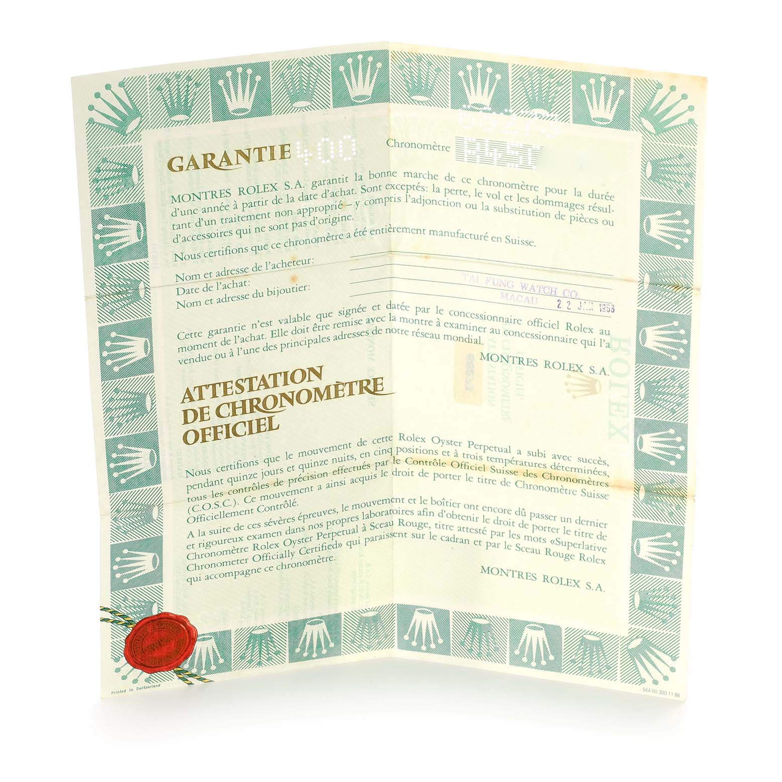 The image shows an official chronometer certification and warranty card for a Rolex Mid-Size 68273 Women's Steel and Gold (two tone) Champagne Dial 68273 Women's Steel and Gold (two tone) Champagne Dial model.