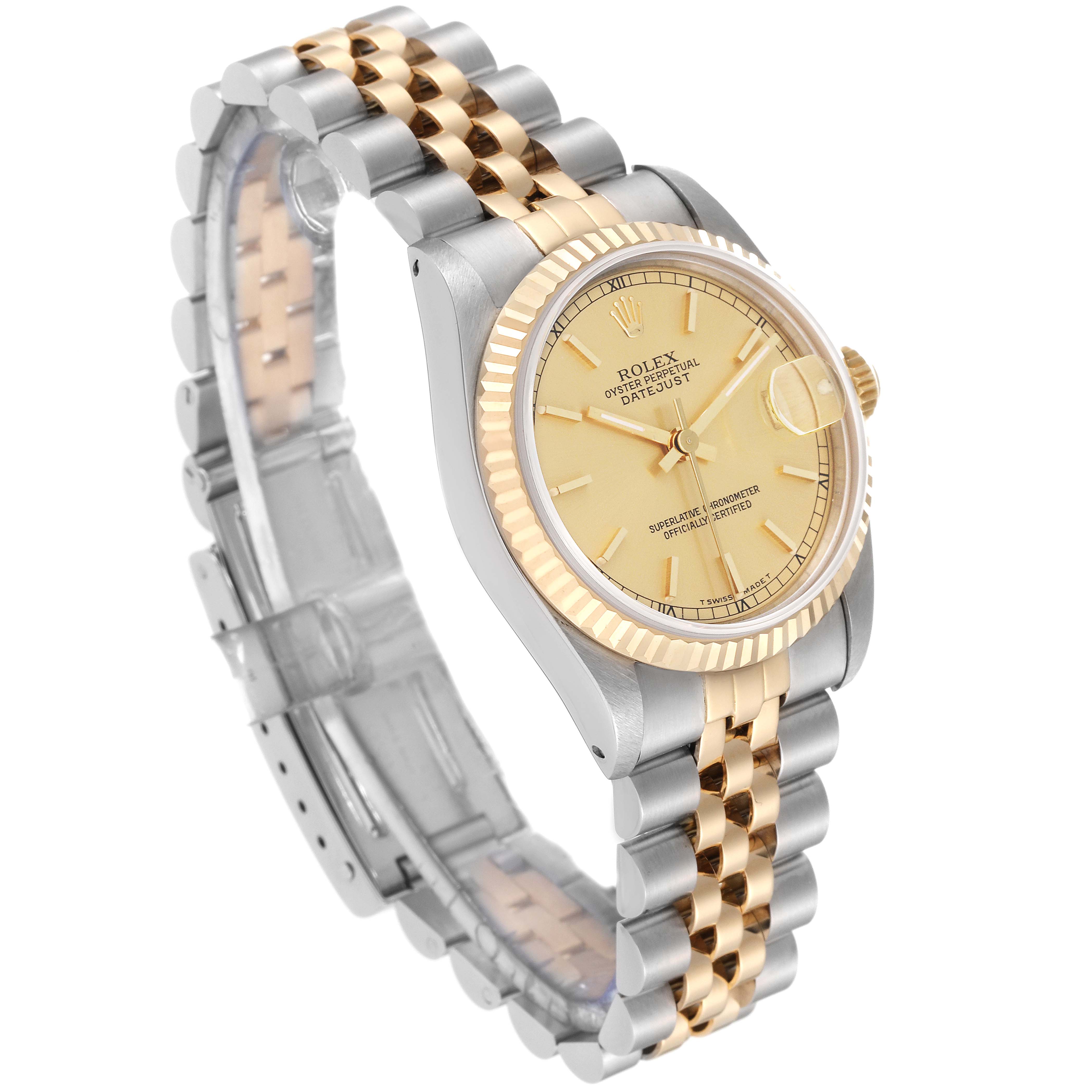 This image shows a Rolex Mid-Size 68273 Women's Steel and Gold (two tone) Champagne Dial 68273 Women's Steel and Gold (two tone) Champagne Dial Datejust watch at a three-quarter angle, highlighting the bezel, dial, case, and bracelet.