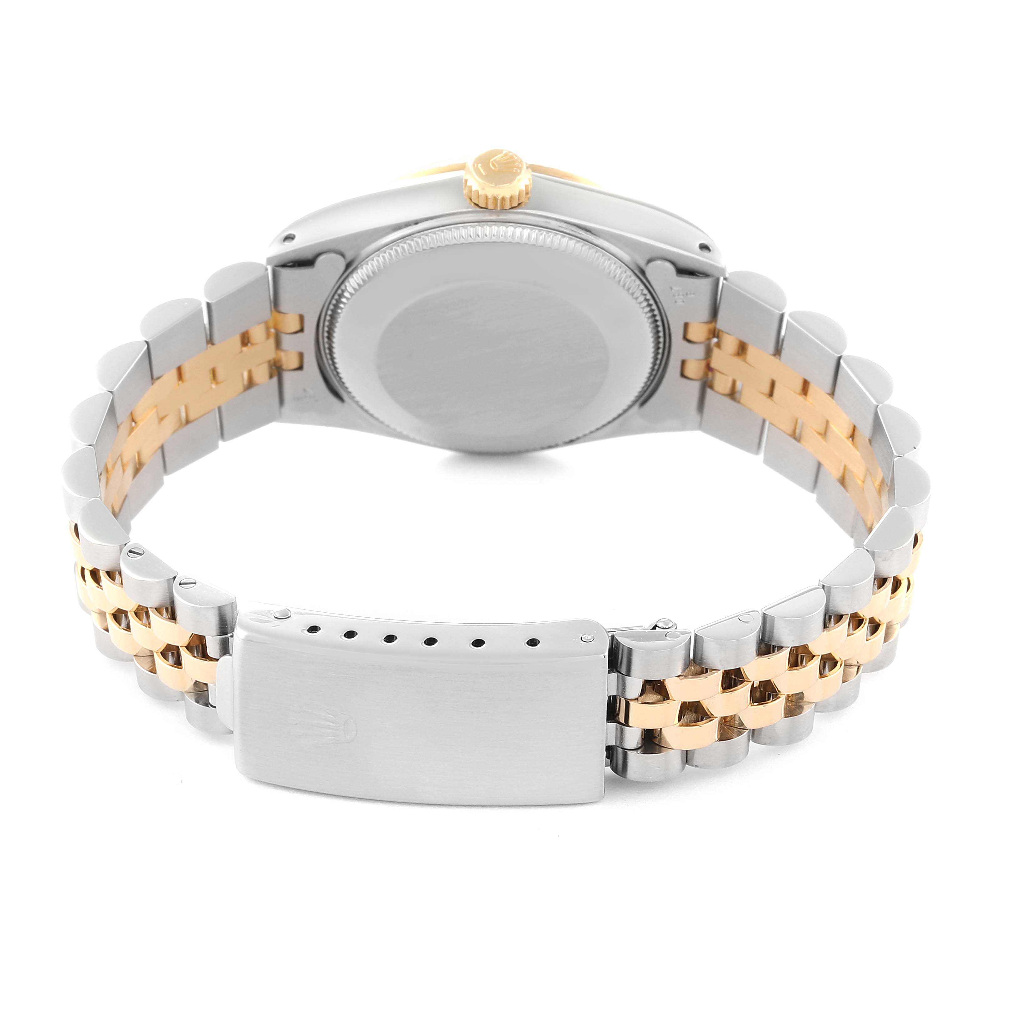 The angle shows the back of the Rolex Mid-Size 68273 Women's Steel and Gold (two tone) Champagne Dial 68273 Women's Steel and Gold (two tone) Champagne Dial watch with the clasp and the crown visible.
