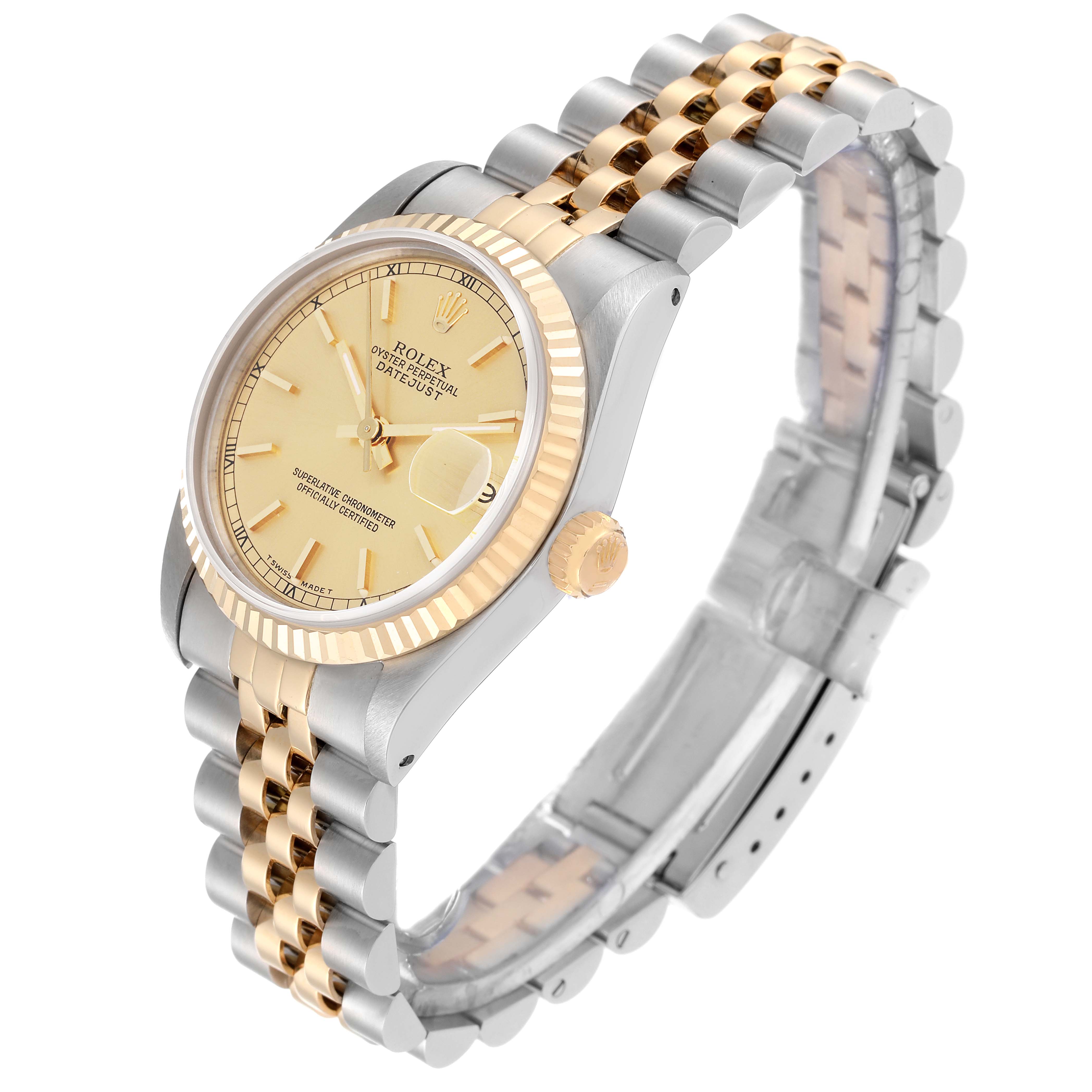 The Rolex Mid-Size 68273 Women's Steel and Gold (two tone) Champagne Dial 68273 Women's Steel and Gold (two tone) Champagne Dial watch is shown at a three-quarter angle, displaying the face, bezel, crown, and Jubilee bracelet.