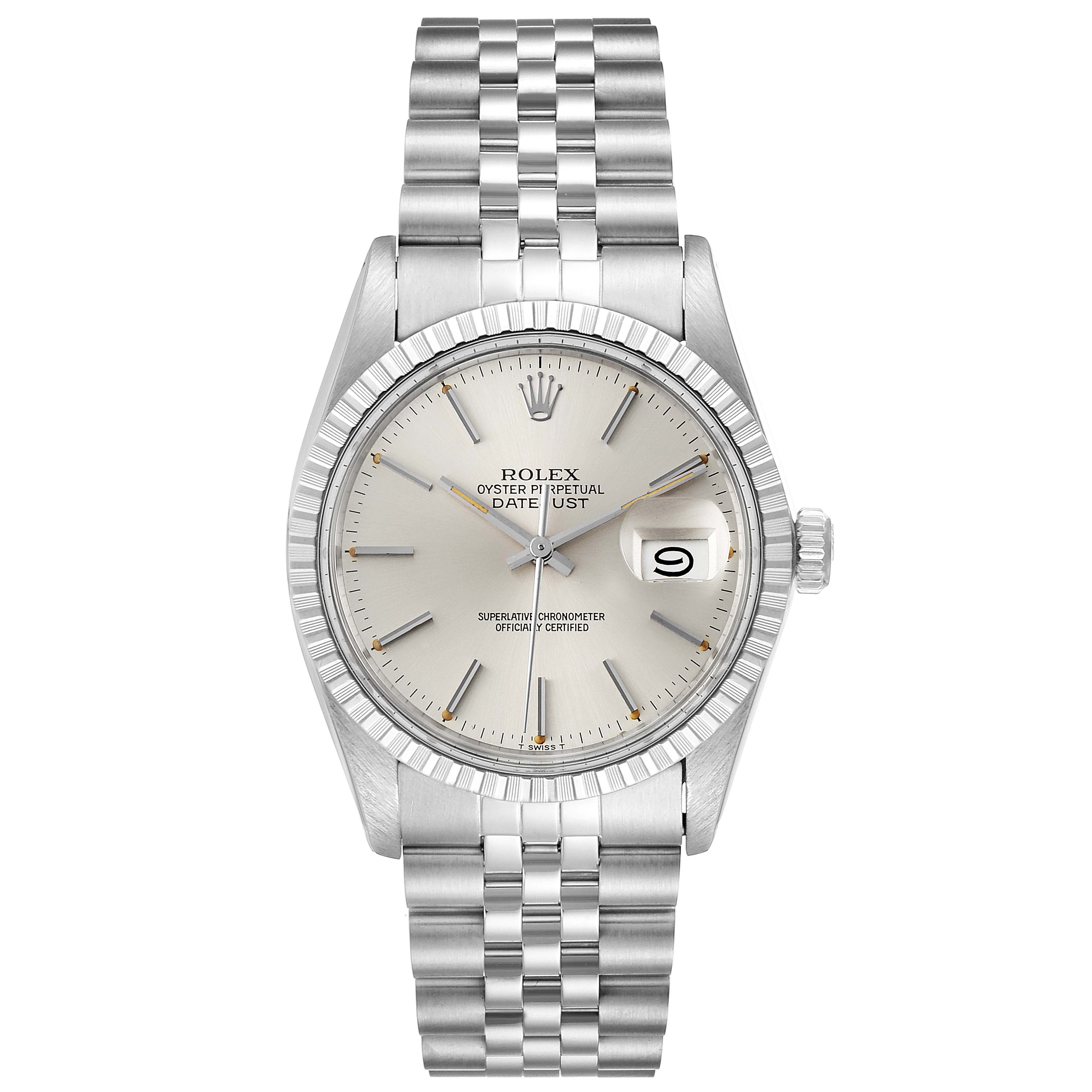 This front-facing image shows the dial, bezel, and bracelet of the Rolex Vintage Collection 16030 Men
s Stainless Steel Silver Dial 16030 Men
s Stainless Steel Silver Dial Oyster Perpetual Datejust.