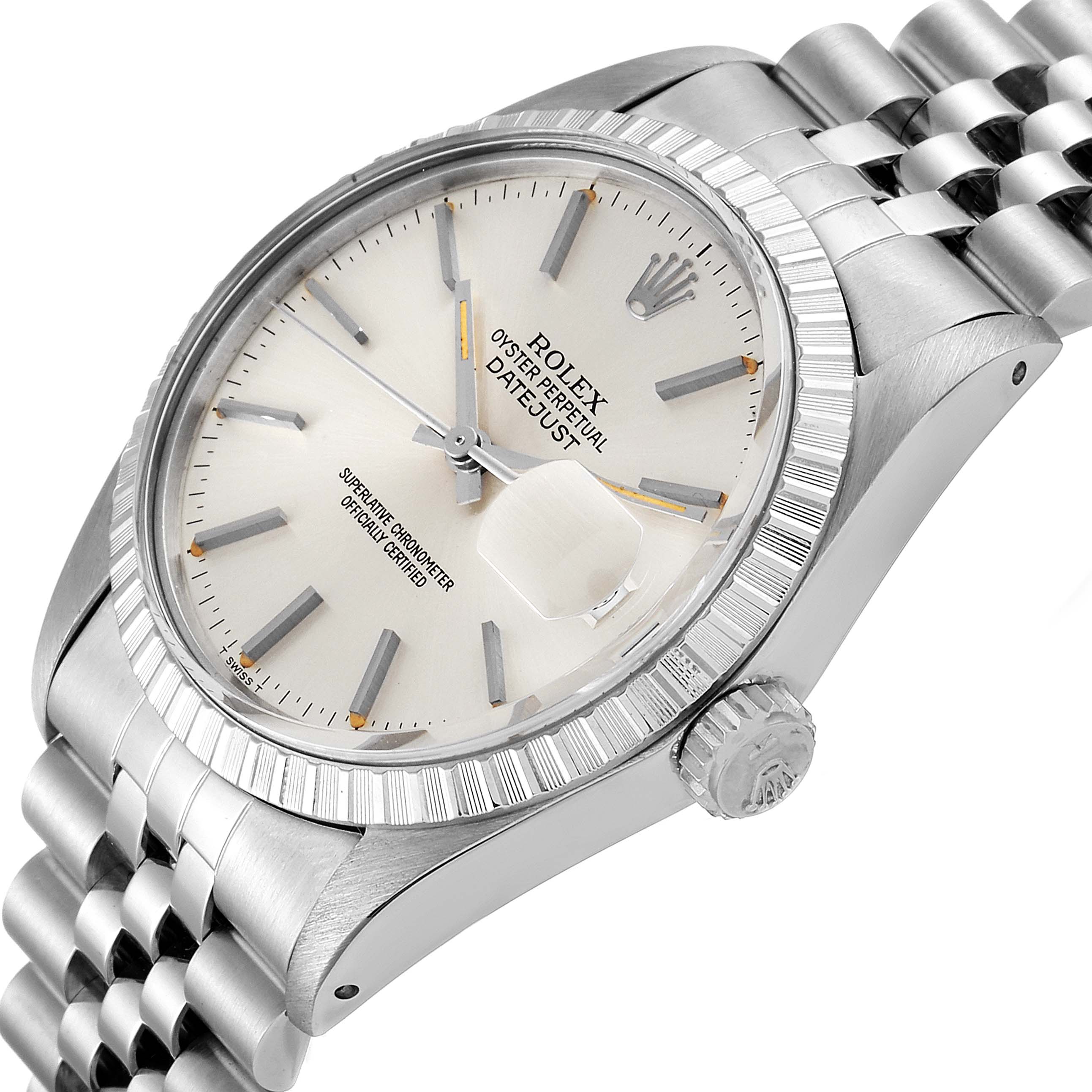 The image shows a close-up angled view of the face, bezel, crown, and bracelet of the Vintage Collection Rolex Oyster Perpetual Datejust.