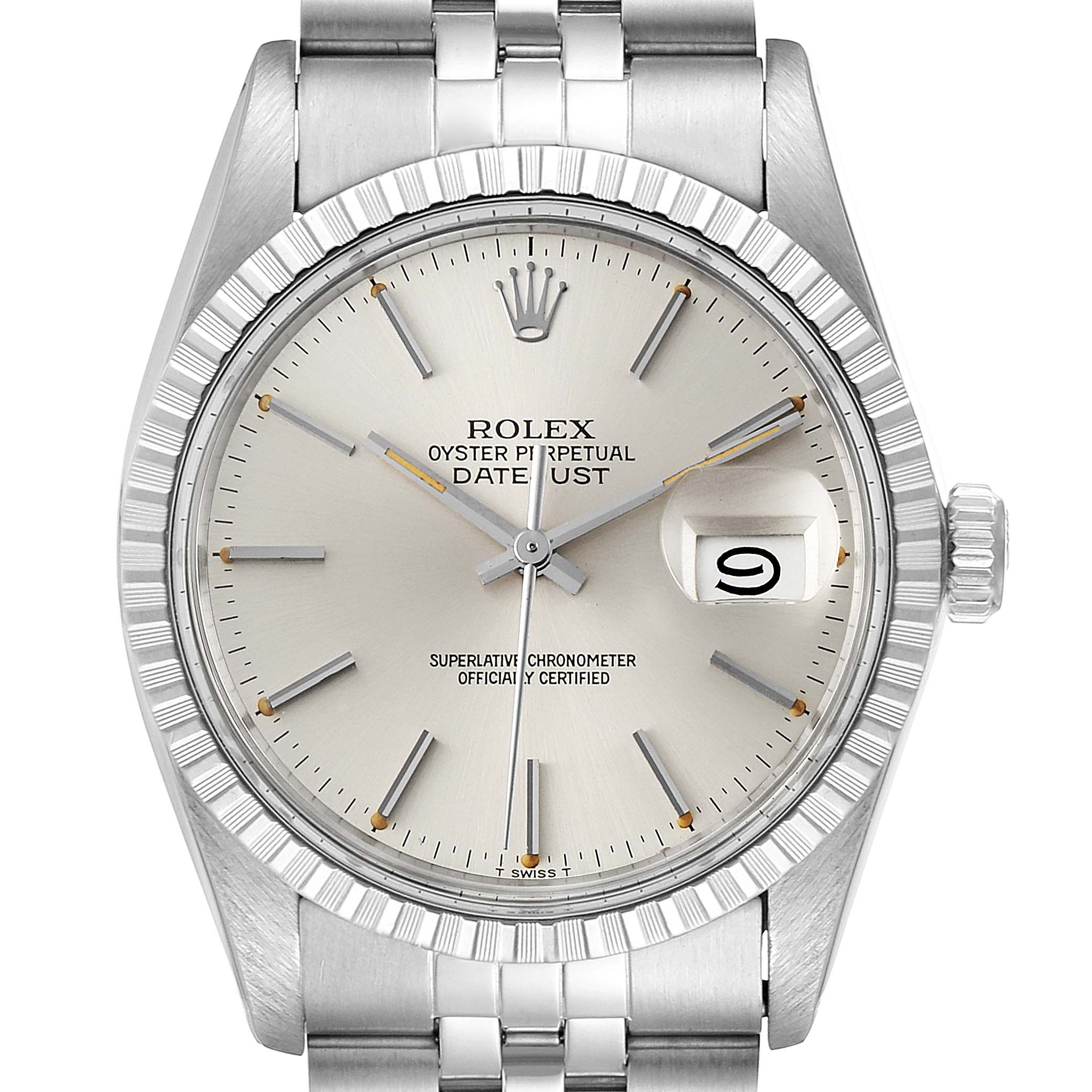 The image shows a front view of the Rolex Vintage Collection 16030 Men
s Stainless Steel Silver Dial 16030 Men
s Stainless Steel Silver Dial Oyster Perpetual Datejust watch, highlighting its face, dial, and bezel.