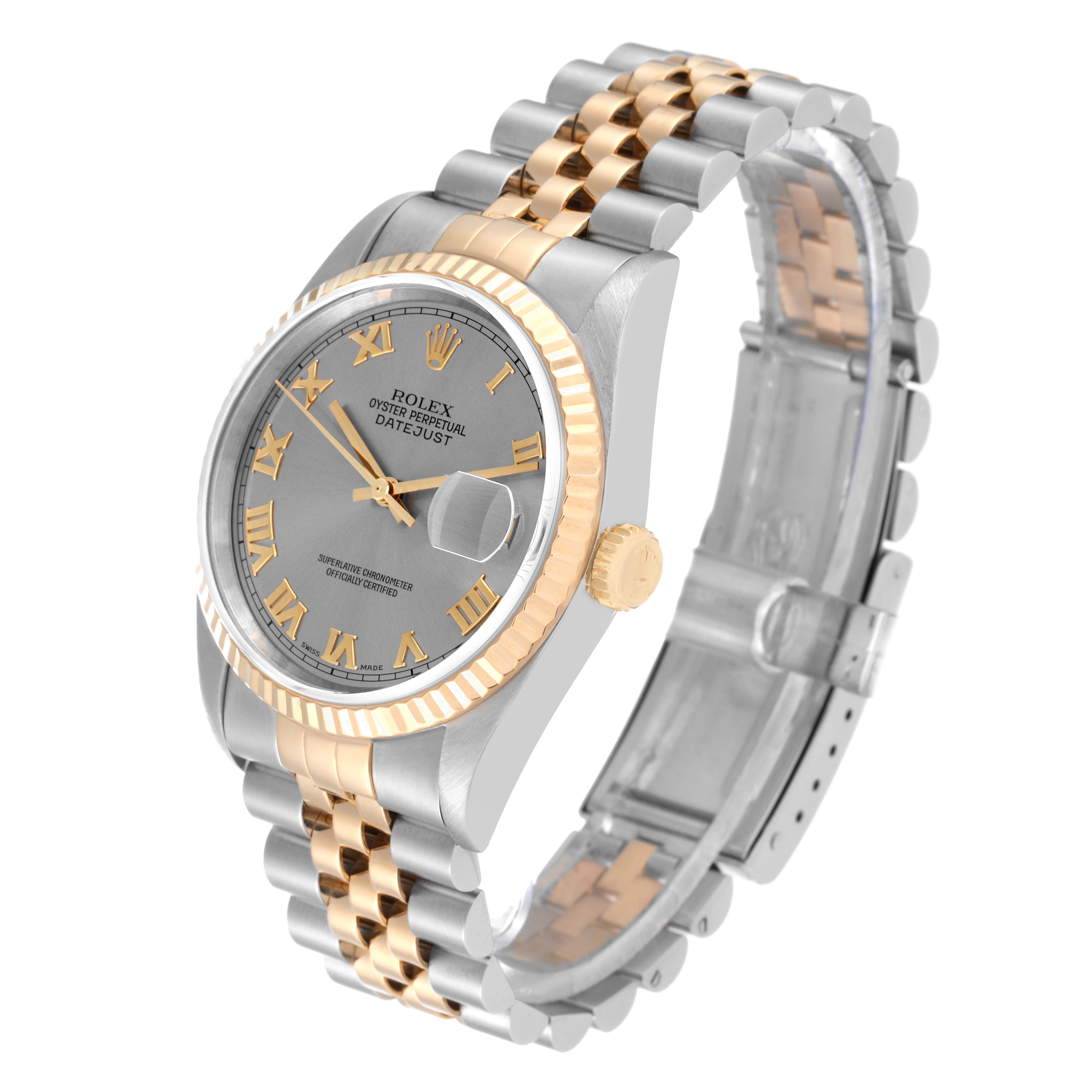 The Rolex Datejust 16233 Men's Steel and Gold (two tone) Grey Dial 16233 Men's Steel and Gold (two tone) Grey Dial watch is shown at a three-quarter angle, displaying the dial, fluted bezel, crown, and the Jubilee bracelet.