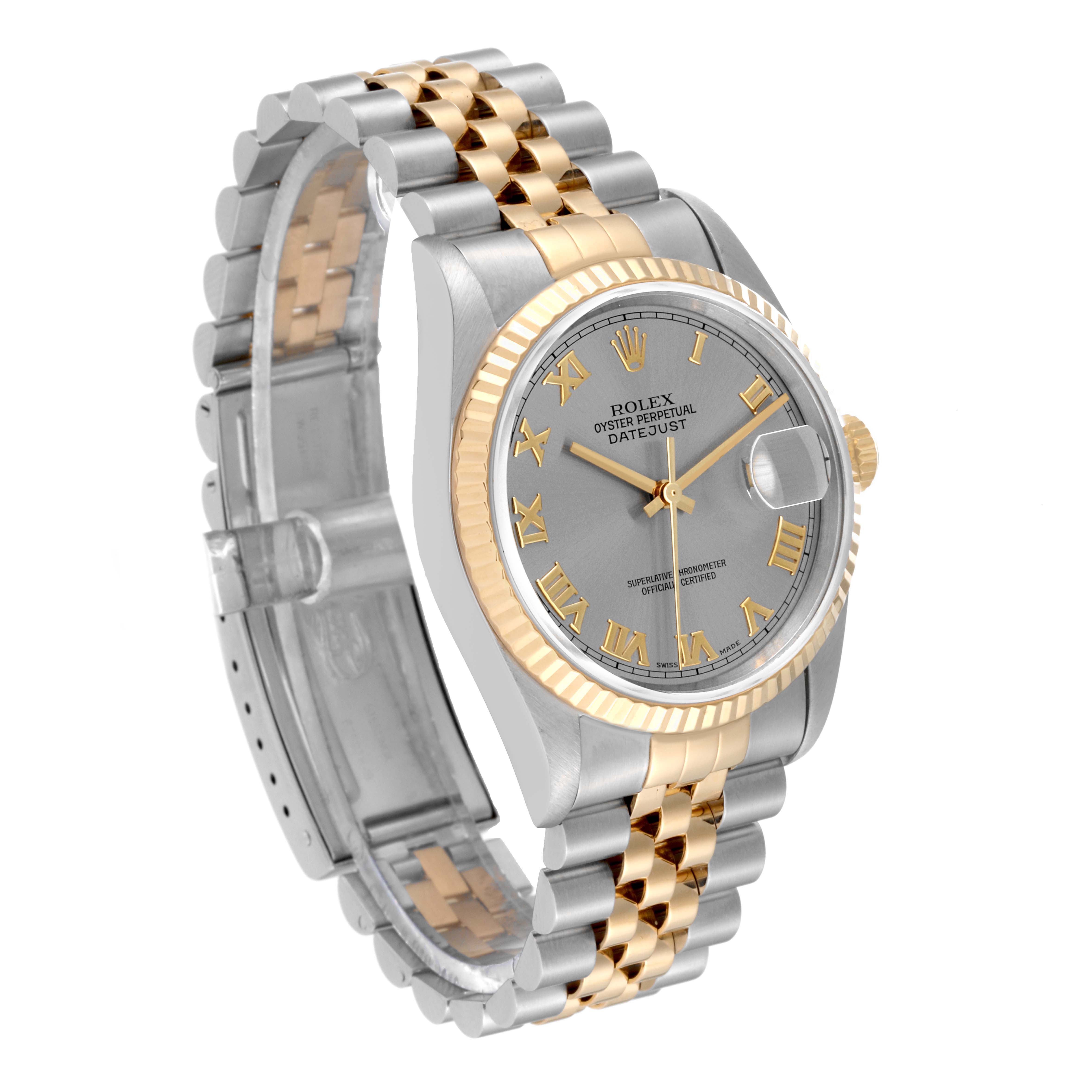 This image shows the Rolex Datejust 16233 Men's Steel and Gold (two tone) Grey Dial 16233 Men's Steel and Gold (two tone) Grey Dial model from a three-quarter angle, highlighting the face, bezel, and two-tone bracelet.