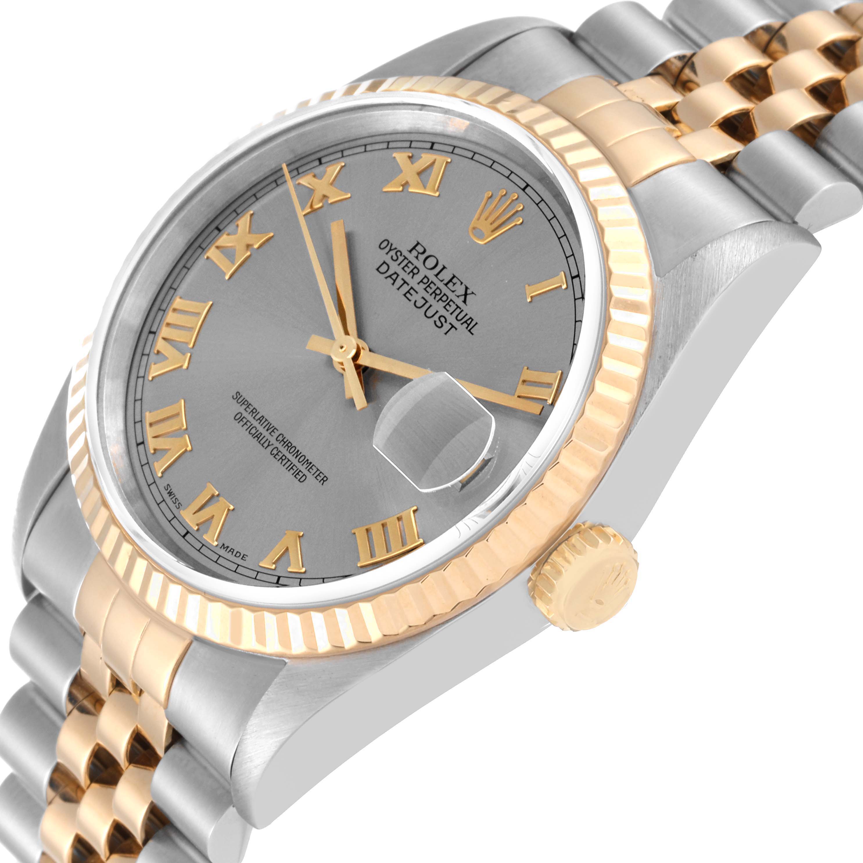 The image shows a close-up angled view of a Rolex Datejust 16233 Men's Steel and Gold (two tone) Grey Dial 16233 Men's Steel and Gold (two tone) Grey Dial watch, highlighting the dial, bezel, crown, and part of the bracelet.