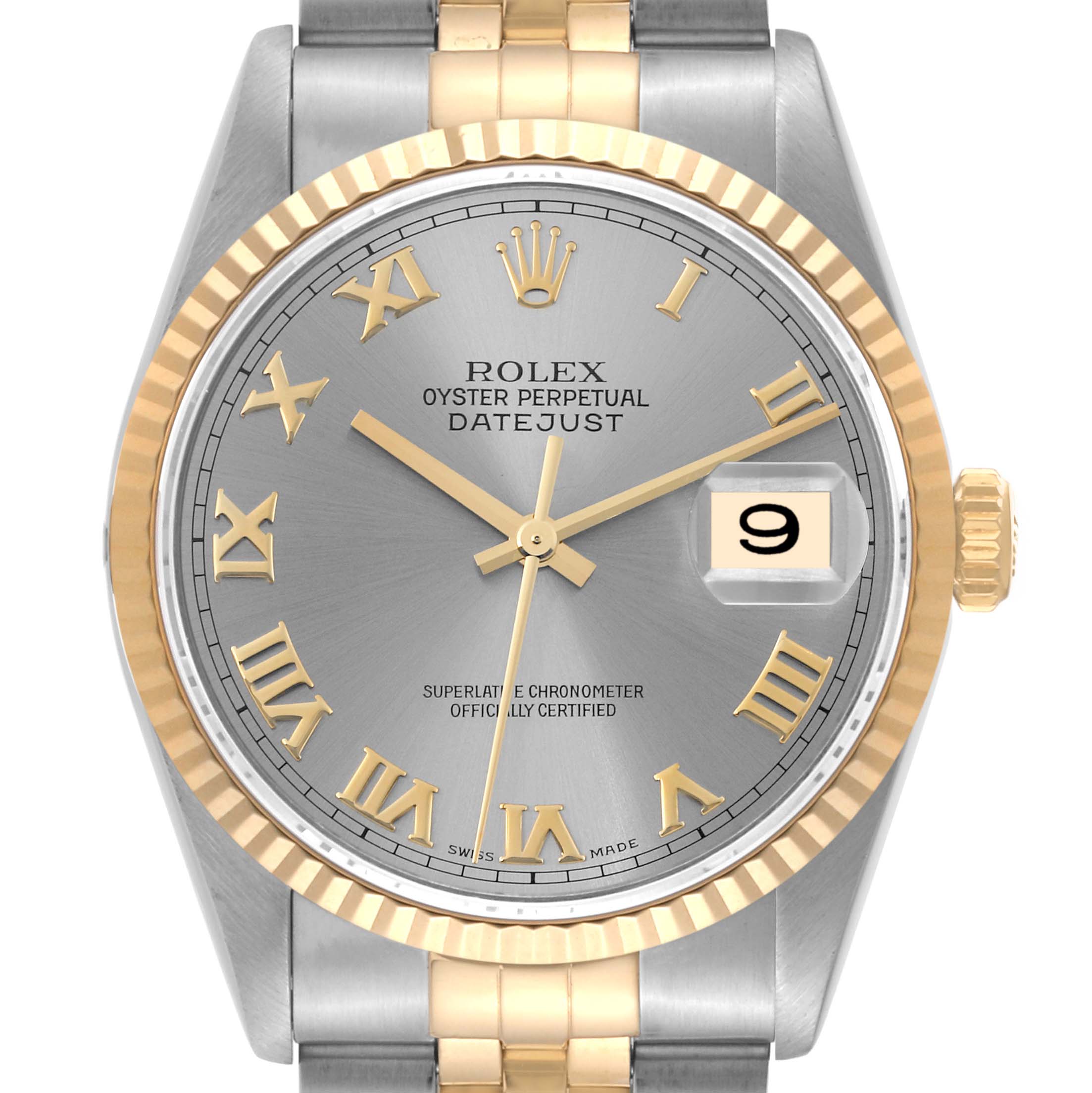 This is a close-up of a Rolex Datejust 16233 Men's Steel and Gold (two tone) Grey Dial 16233 Men's Steel and Gold (two tone) Grey Dial watch, showing the face, bezel, crown, and part of the bracelet.