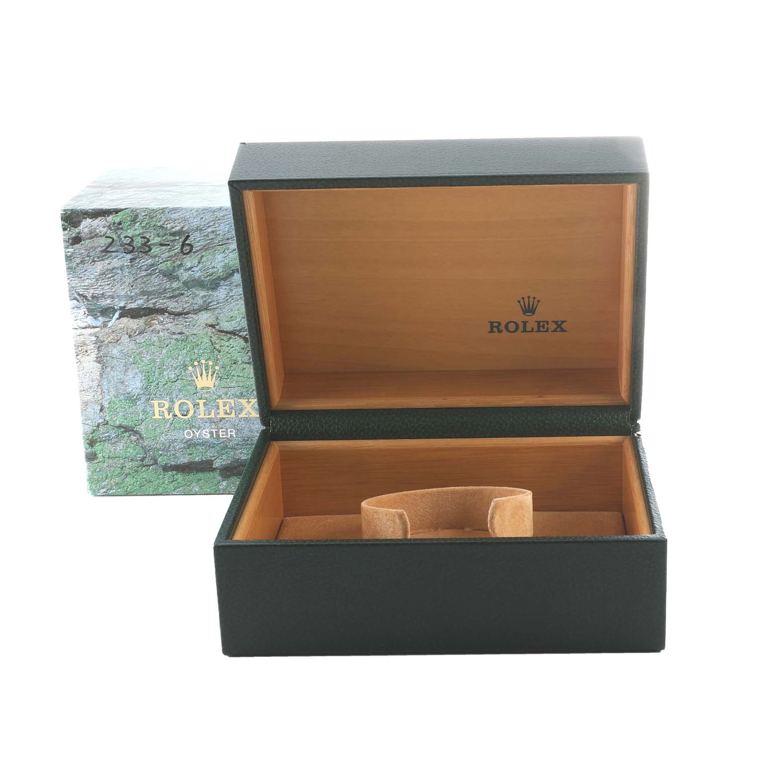 This image shows an open Rolex Datejust 16233 Men's Steel and Gold (two tone) Grey Dial 16233 Men's Steel and Gold (two tone) Grey Dial watch box with its interior and outer packaging visible.