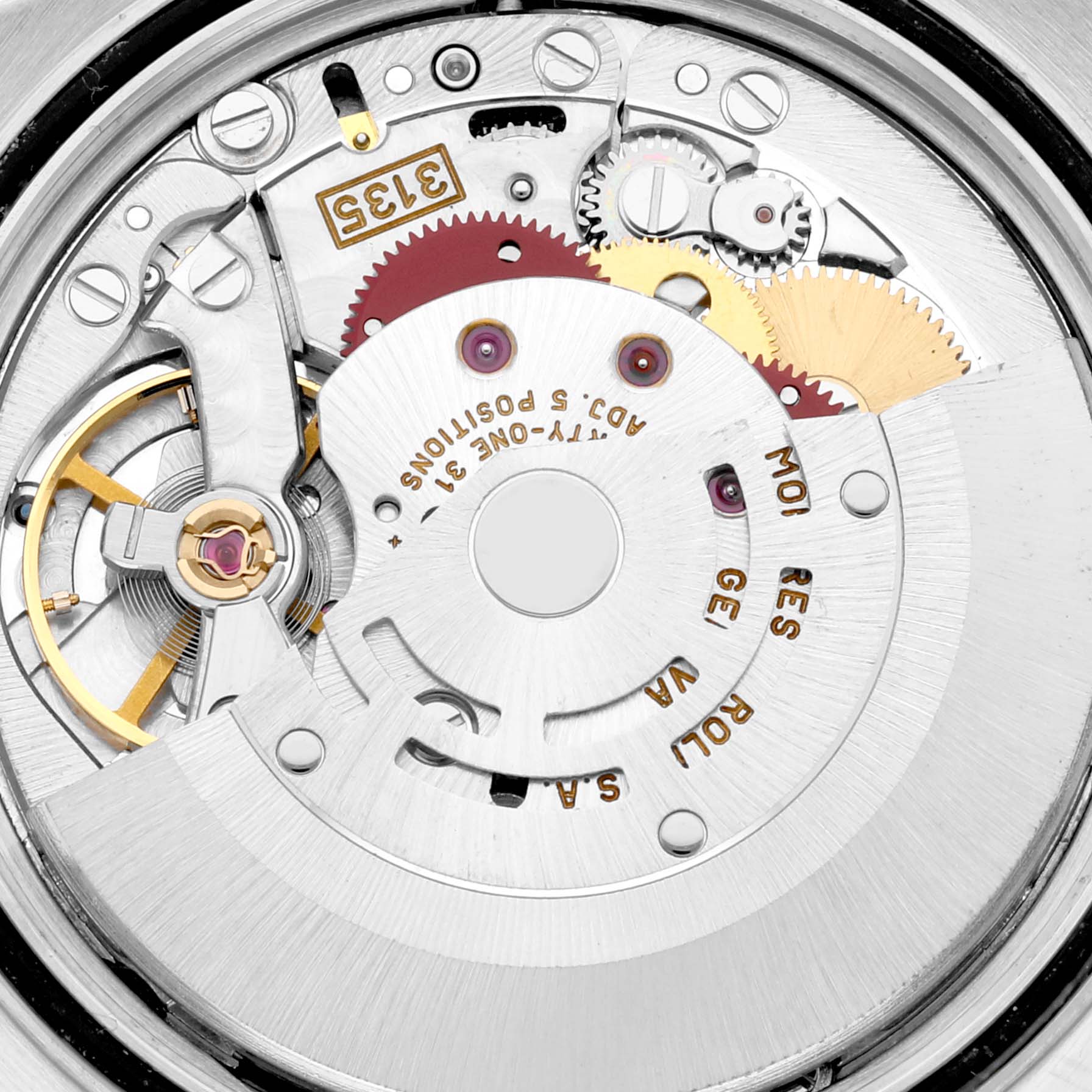 The image shows an internal view of the Rolex Datejust 16233 Men's Steel and Gold (two tone) Grey Dial 16233 Men's Steel and Gold (two tone) Grey Dial watch movement, displaying gears and components.
