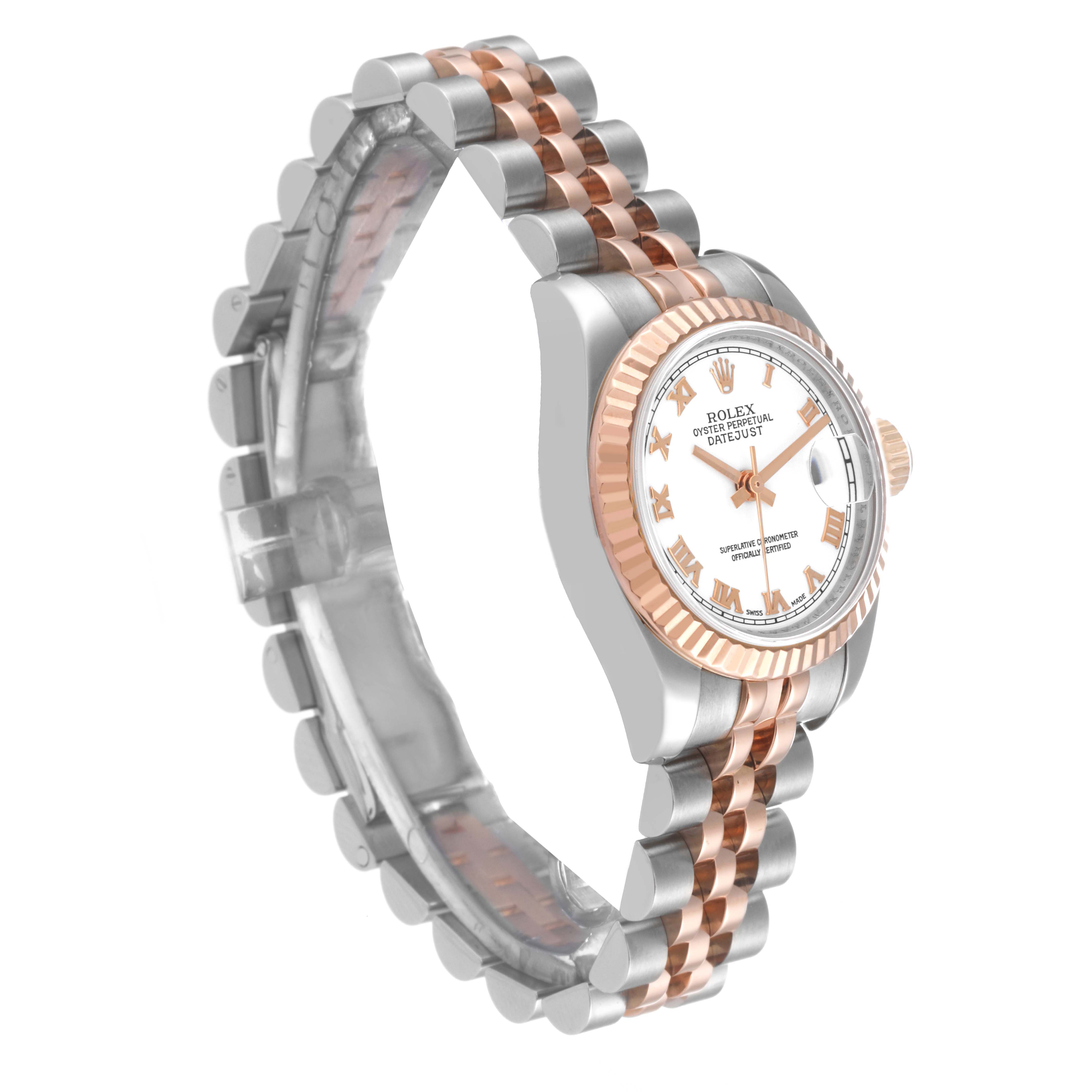 The image shows a side angle of a Rolex Datejust 179171 Women's Steel and Gold (two tone) White Dial 179171 Women's Steel and Gold (two tone) White Dial watch, highlighting its bezel, dial, and two-tone bracelet.