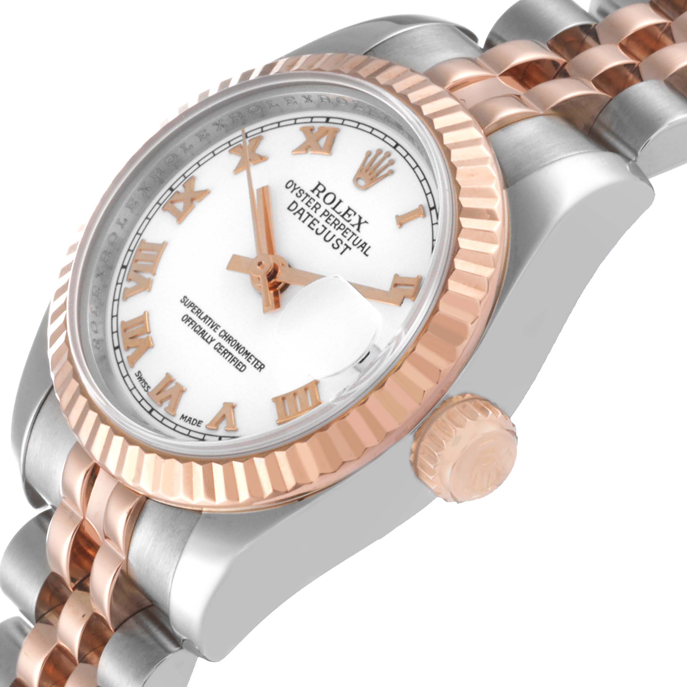 The image shows an angled view of a Rolex Datejust 179171 Women's Steel and Gold (two tone) White Dial 179171 Women's Steel and Gold (two tone) White Dial watch, highlighting the dial, bezel, and part of the bracelet.