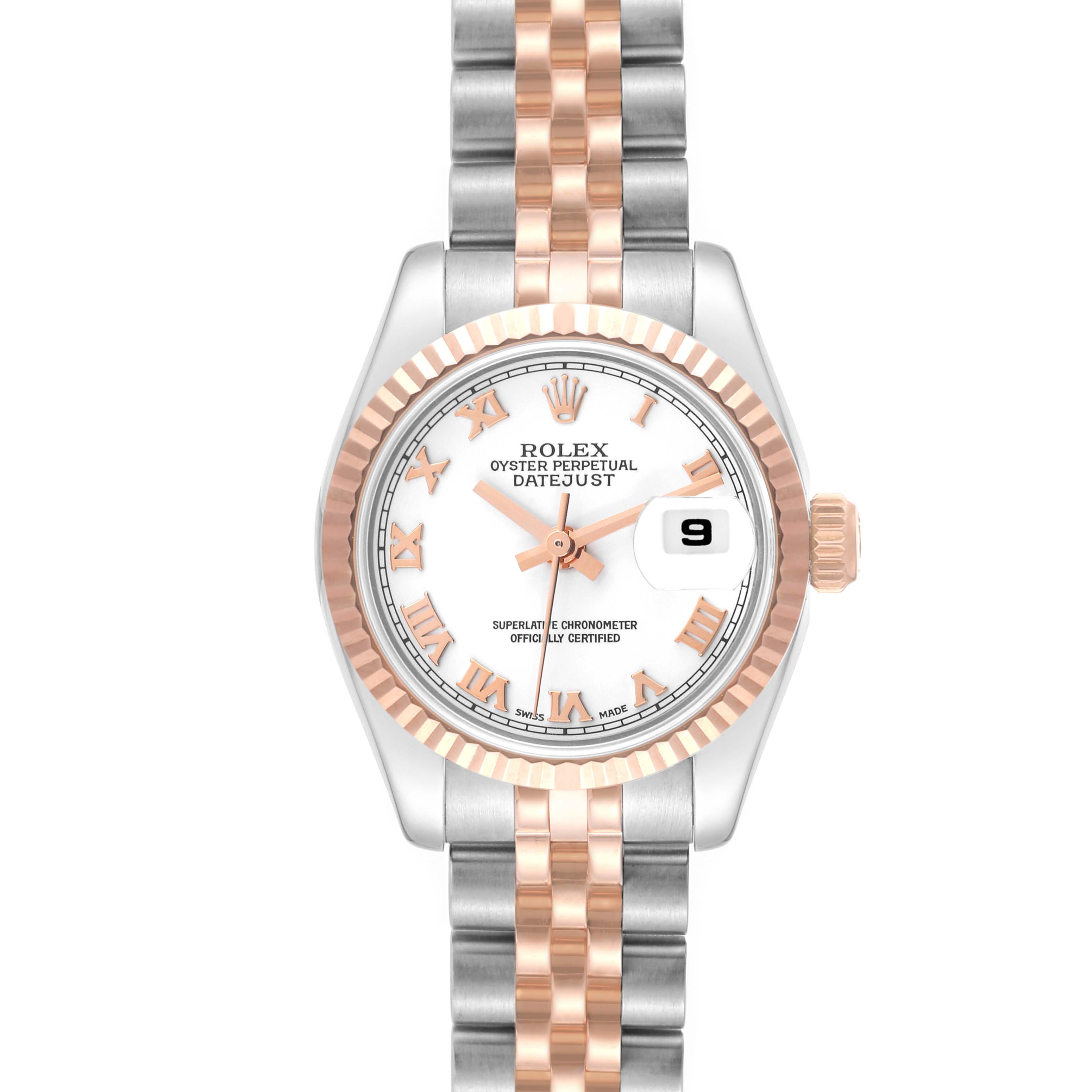 This image shows a front view of the Rolex Datejust 179171 Women's Steel and Gold (two tone) White Dial 179171 Women's Steel and Gold (two tone) White Dial watch, highlighting the dial, bezel, bracelet, and date window.