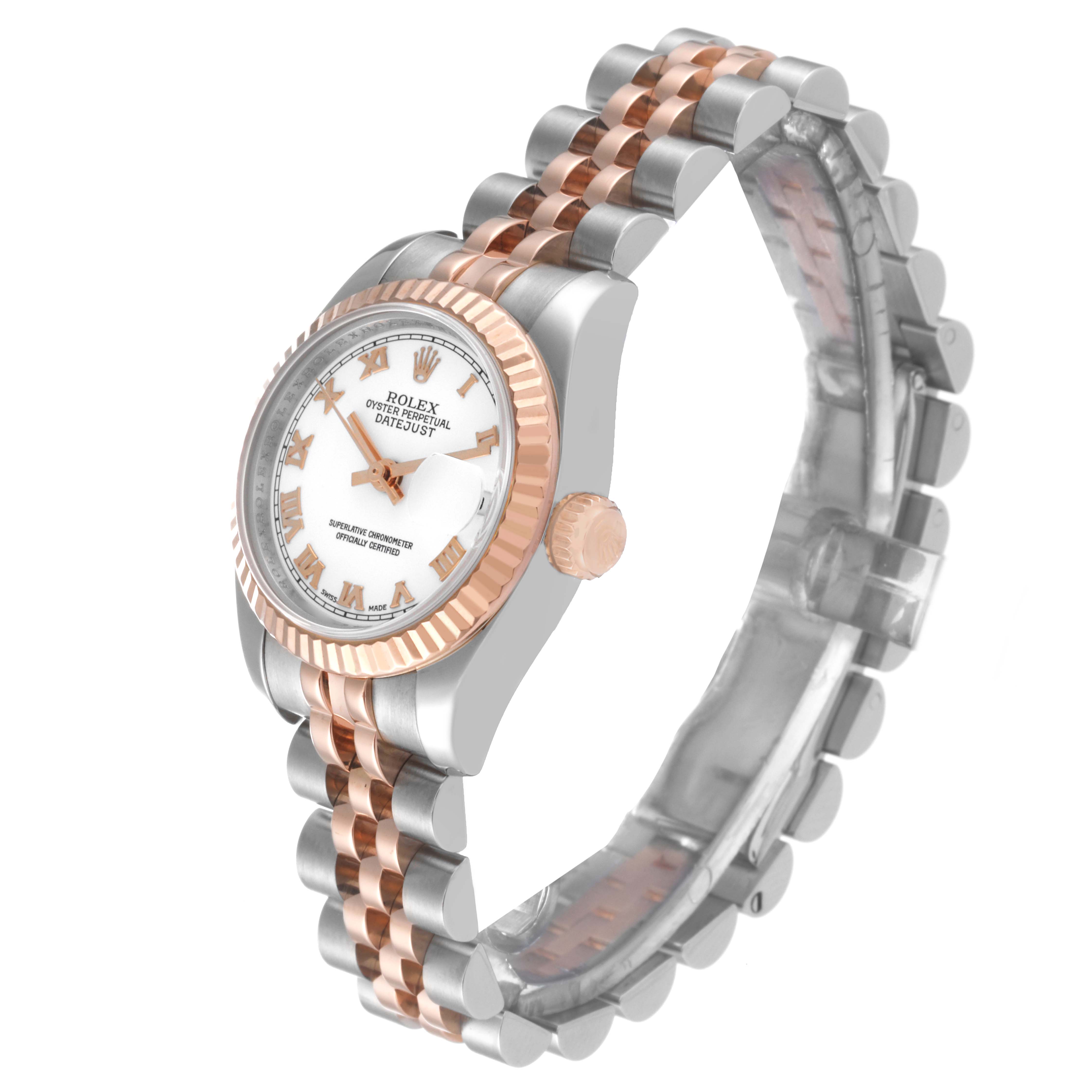 The image shows a Rolex Datejust 179171 Women's Steel and Gold (two tone) White Dial 179171 Women's Steel and Gold (two tone) White Dial watch at a three-quarter angle, highlighting the bezel, dial, crown, and two-tone Jubilee bracelet.