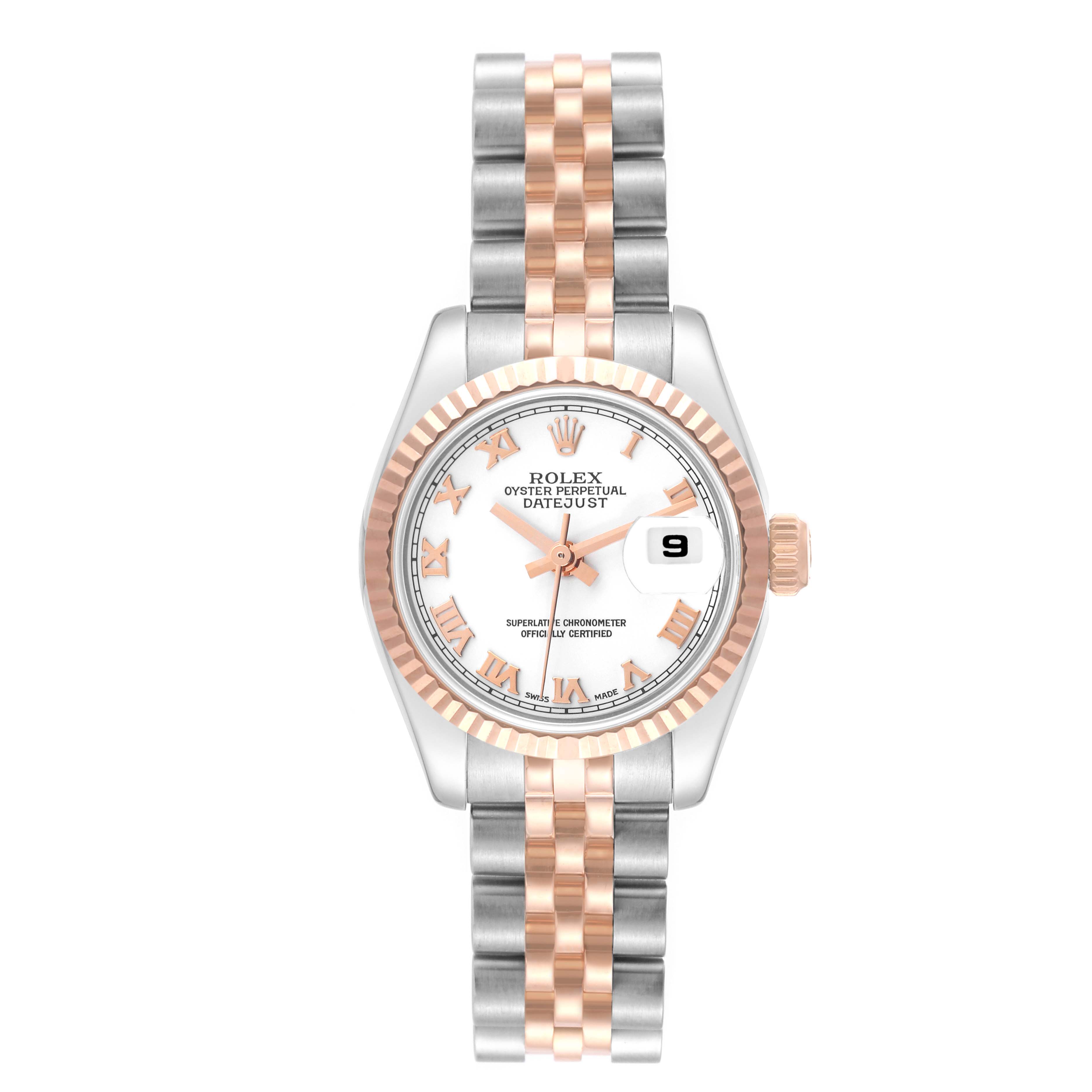 The image shows a Rolex Datejust 179171 Women's Steel and Gold (two tone) White Dial 179171 Women's Steel and Gold (two tone) White Dial watch from a front angle, highlighting its dial, bezel, and two-tone metal bracelet.