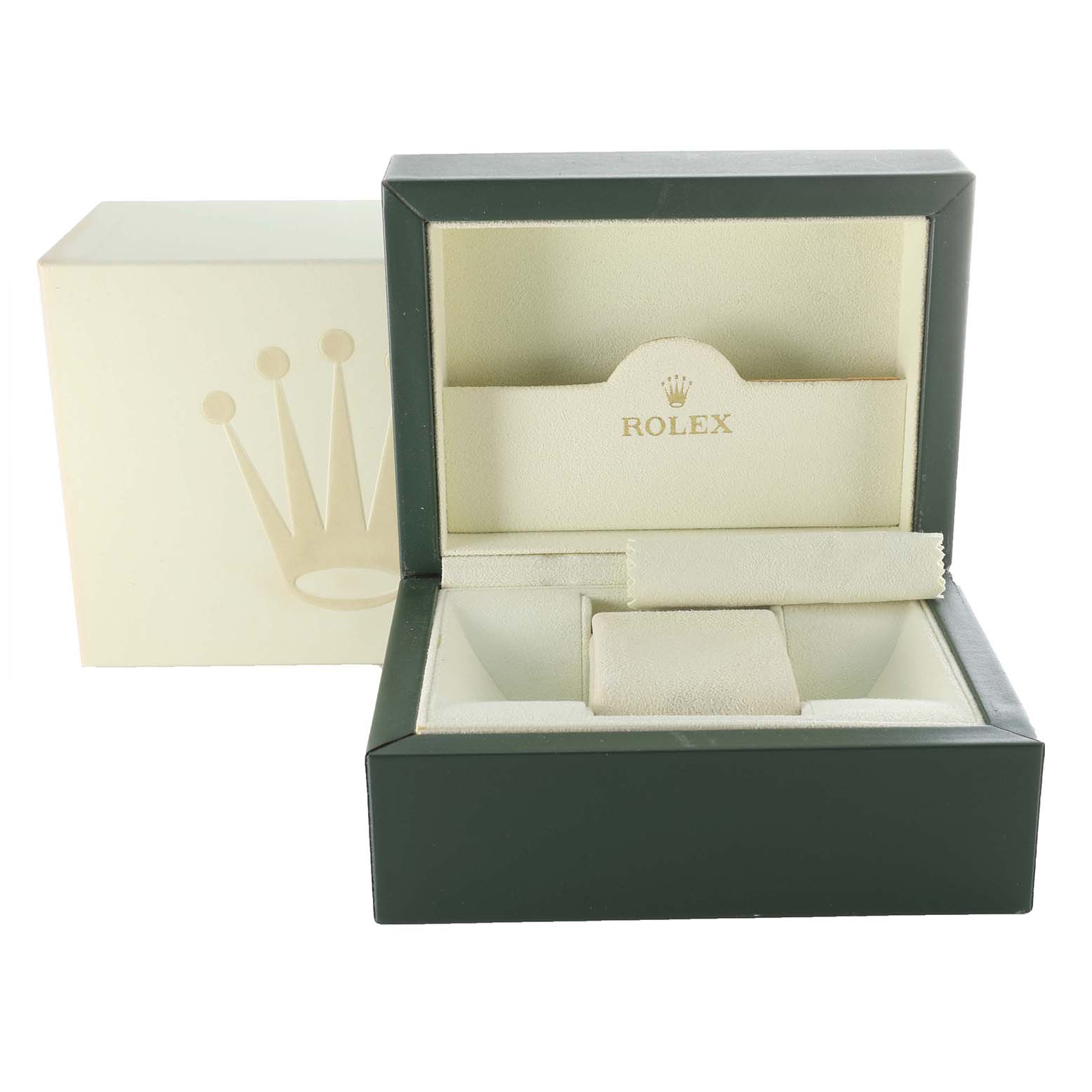 The image shows an open Rolex Datejust 179171 Women's Steel and Gold (two tone) White Dial 179171 Women's Steel and Gold (two tone) White Dial watch box, with compartments for the watch and related accessories.