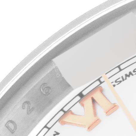 This image shows a close-up angle of the dial and part of the bezel of the Rolex Datejust 179171 Women's Steel and Gold (two tone) White Dial 179171 Women's Steel and Gold (two tone) White Dial watch, highlighting a Roman numeral.