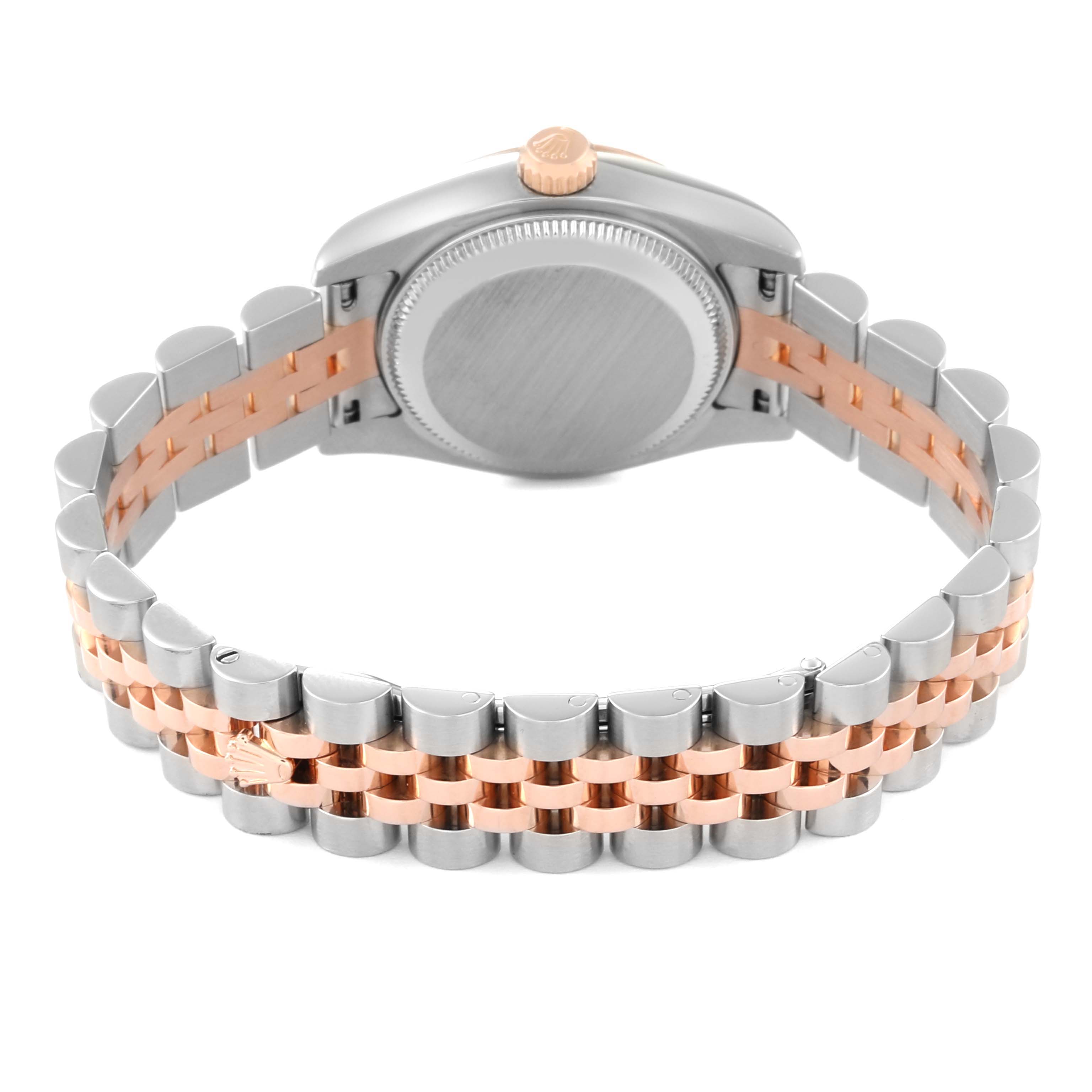 This image displays the back case and Jubilee bracelet of a Rolex Datejust 179171 Women's Steel and Gold (two tone) White Dial 179171 Women's Steel and Gold (two tone) White Dial watch, showing the two-tone metal links.