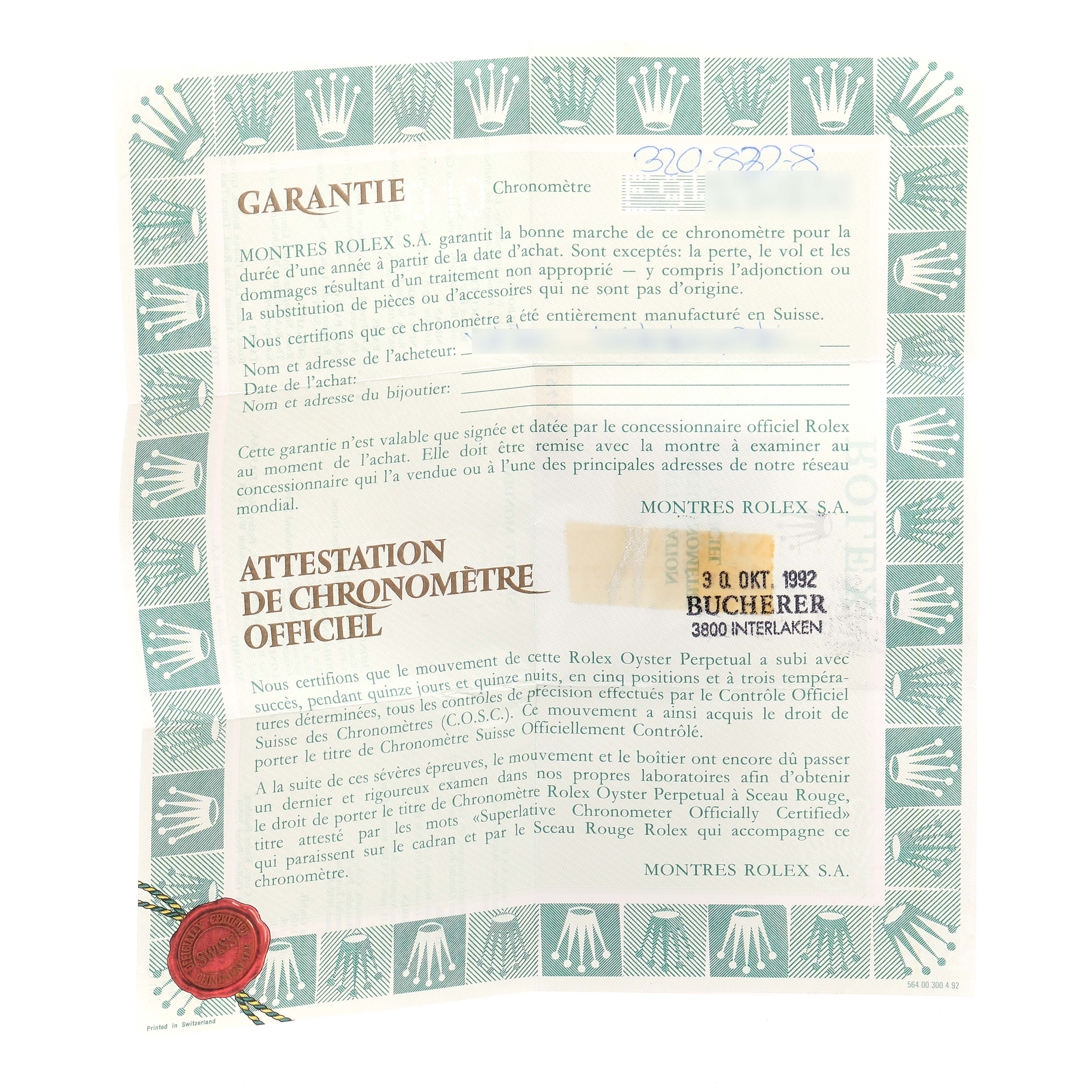 This image shows a certificate with a green border and Rolex branding, likely a guarantee or chronometer certification for a Rolex Datejust 69174 Women's Stainless Steel Silver Dial 69174 Women's Stainless Steel Silver Dial.