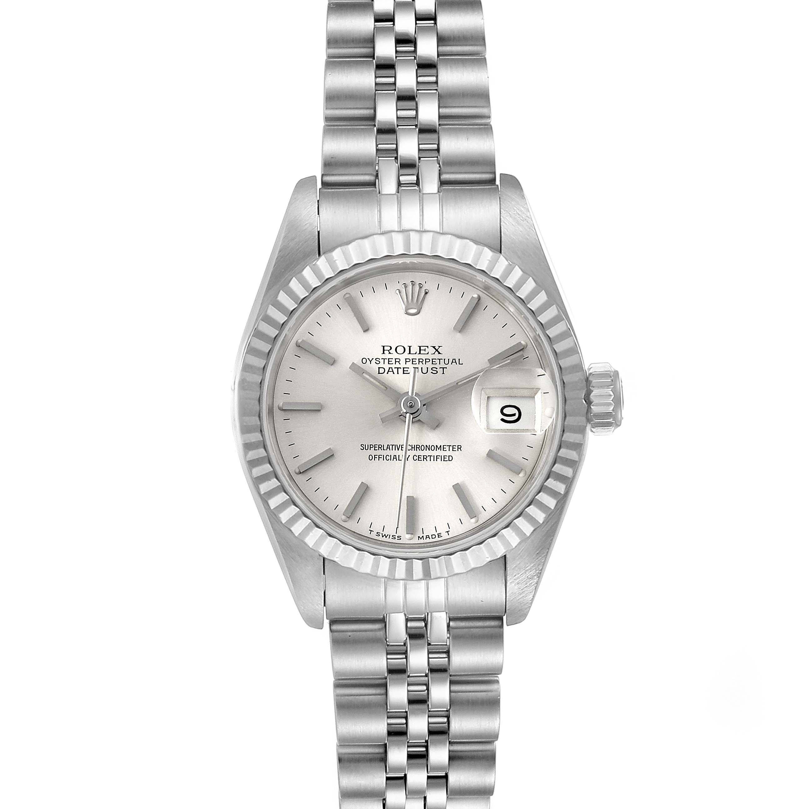 This is a front view of a Rolex Datejust 69174 Women's Stainless Steel Silver Dial 69174 Women's Stainless Steel Silver Dial watch, showing the dial, bezel, crown, and bracelet.