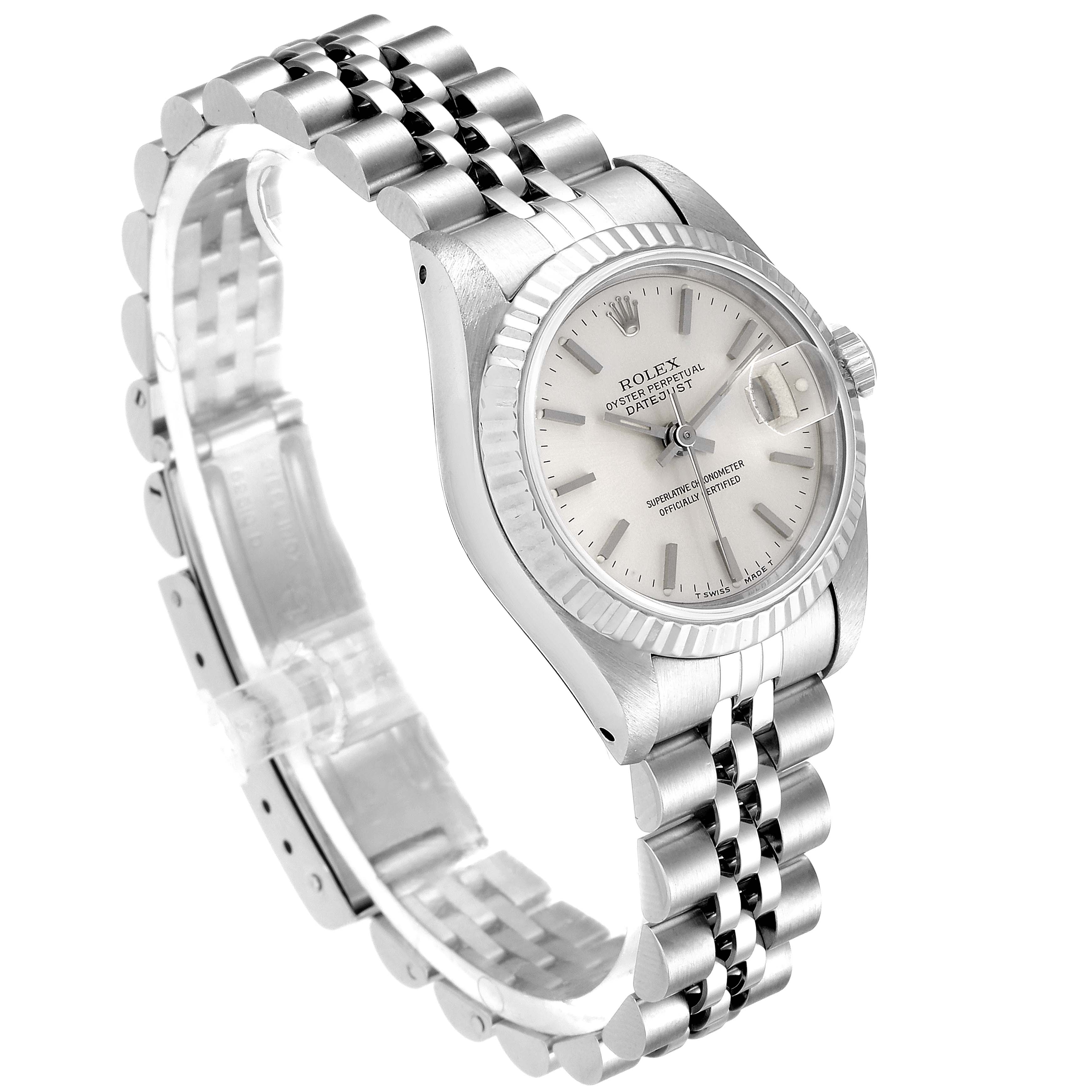This angle shows the face, bezel, bracelet, and crown of the Rolex Datejust 69174 Women's Stainless Steel Silver Dial 69174 Women's Stainless Steel Silver Dial watch.