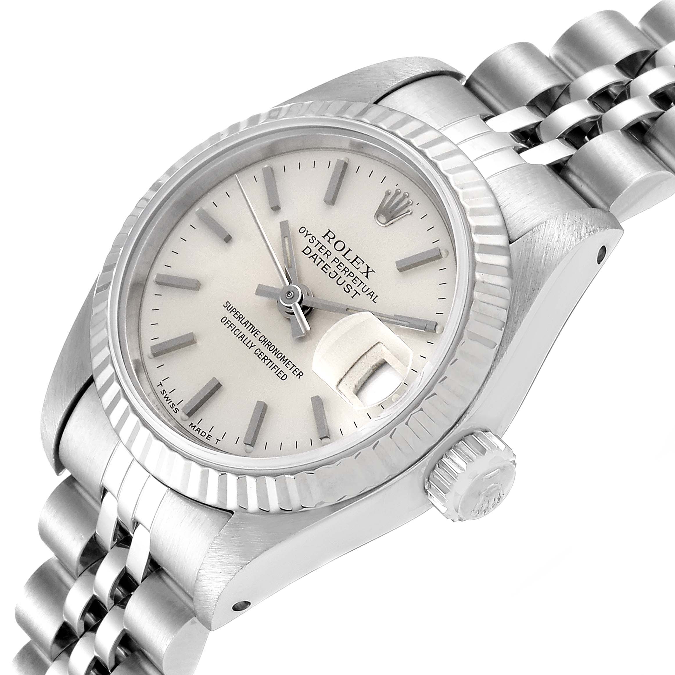 This image shows a Rolex Datejust 69174 Women's Stainless Steel Silver Dial 69174 Women's Stainless Steel Silver Dial watch at an angle highlighting the dial, bezel, crown, and part of the bracelet.