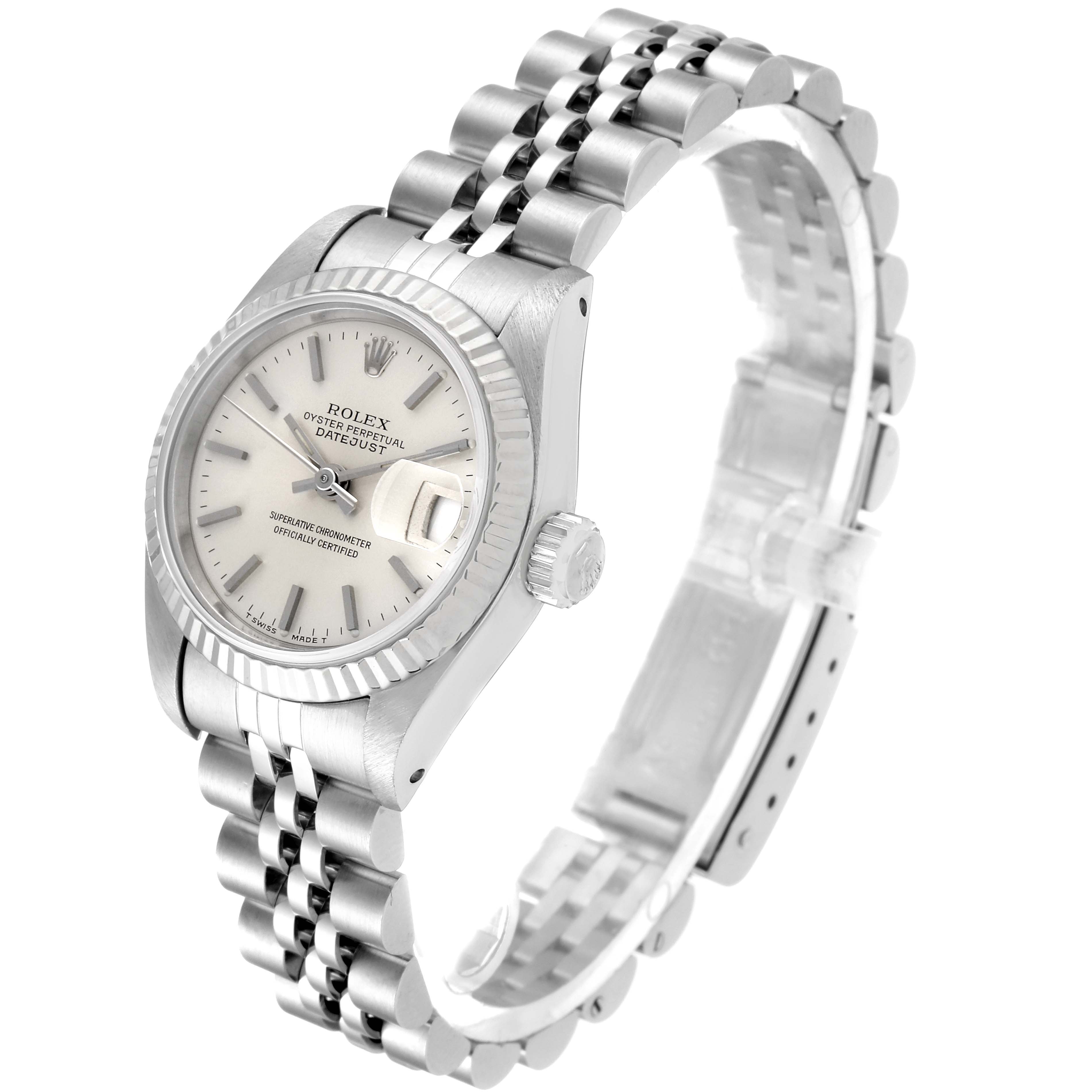 The image shows a side and partial top view of a Rolex Datejust 69174 Women's Stainless Steel Silver Dial 69174 Women's Stainless Steel Silver Dial watch, featuring its dial, bezel, and jubilee bracelet.
