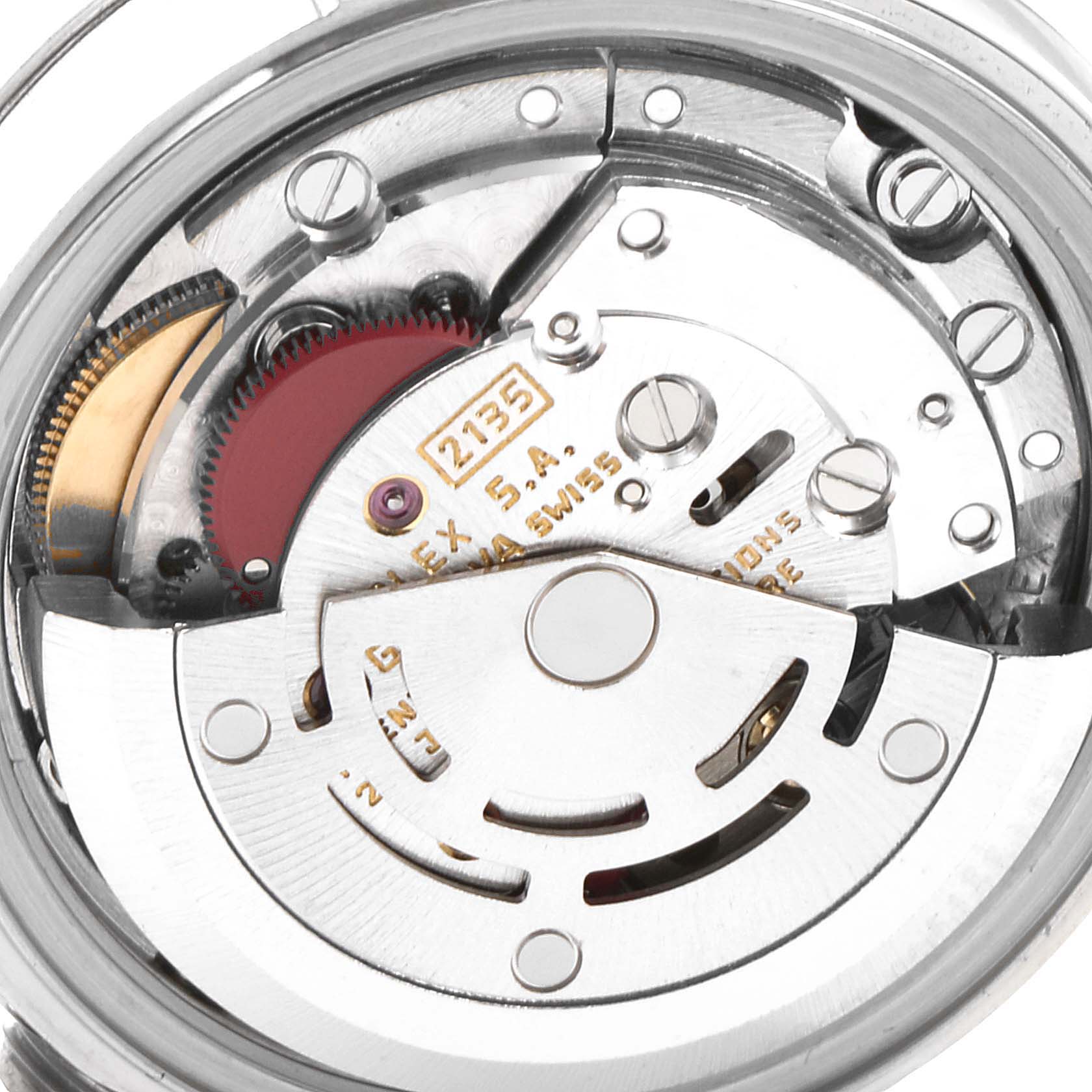 This image shows the internal mechanism of a Rolex Datejust 69174 Women's Stainless Steel Silver Dial 69174 Women's Stainless Steel Silver Dial watch from a close-up rear angle.