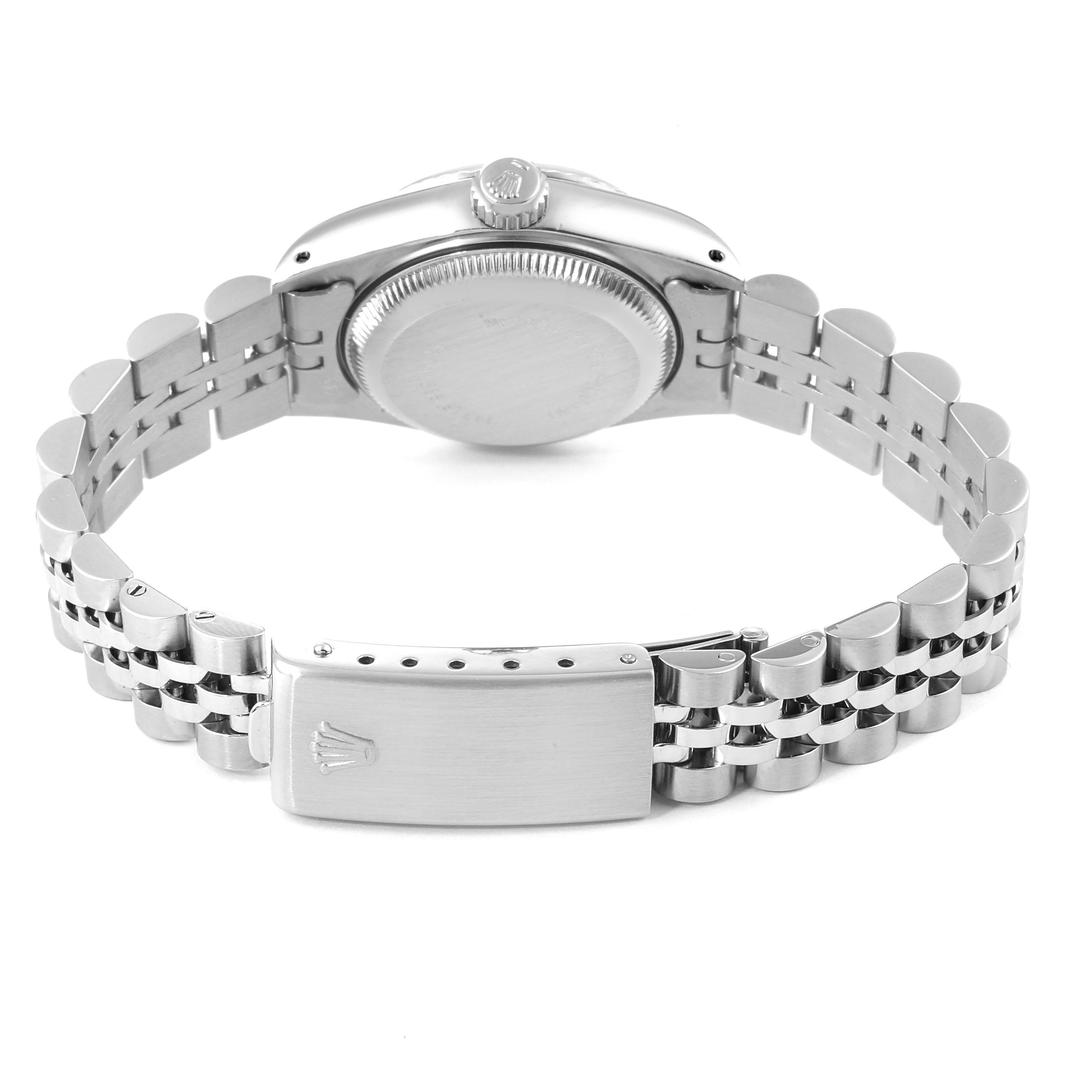 This image shows the back view of a Rolex Datejust 69174 Women's Stainless Steel Silver Dial 69174 Women's Stainless Steel Silver Dial watch, highlighting the case back, crown, and bracelet clasp with the brand logo.