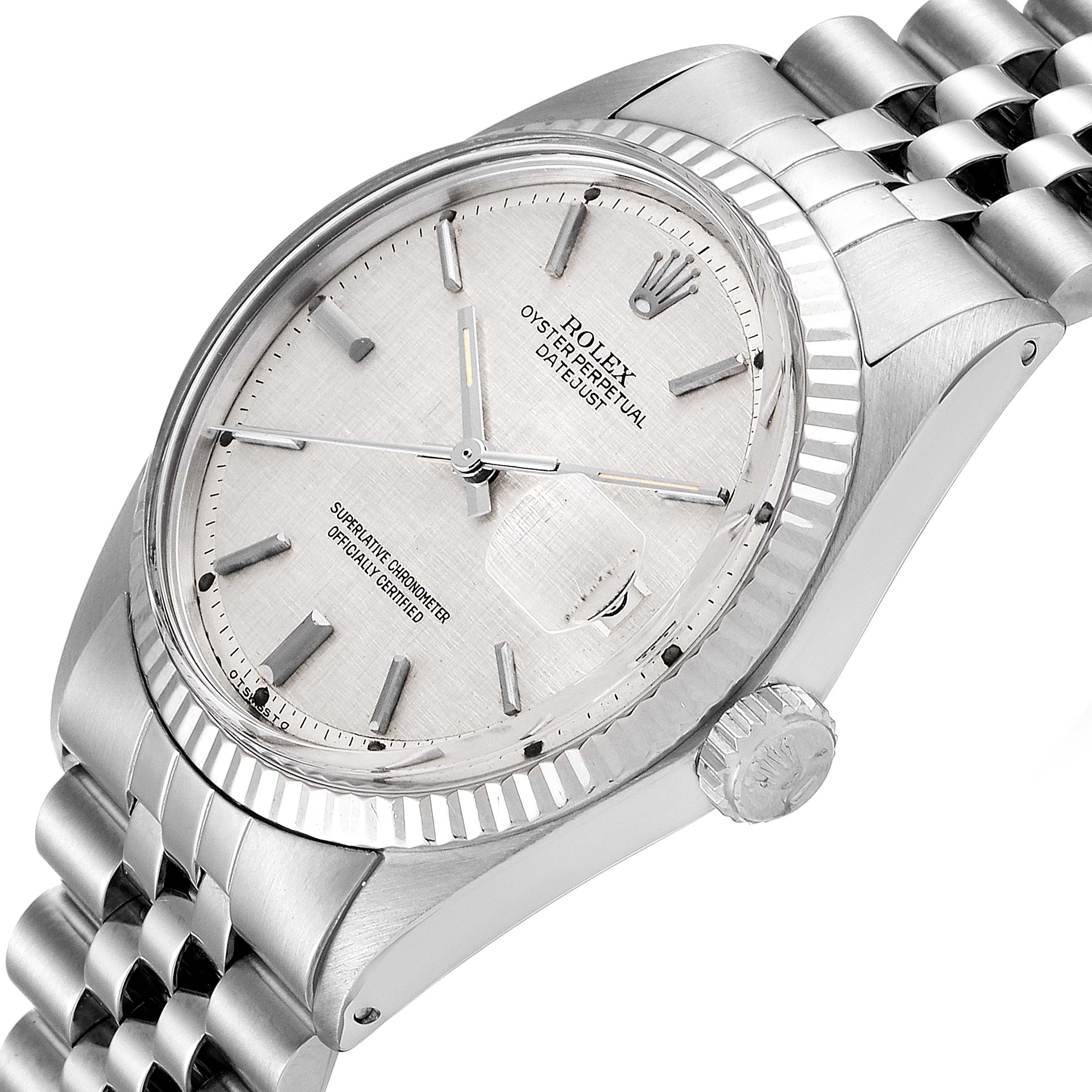 The Rolex Vintage Collection 1601 Men's Stainless Steel Silver Dial 1601 Men's Stainless Steel Silver Dial watch is shown at an oblique angle highlighting the dial, crown, and bracelet.