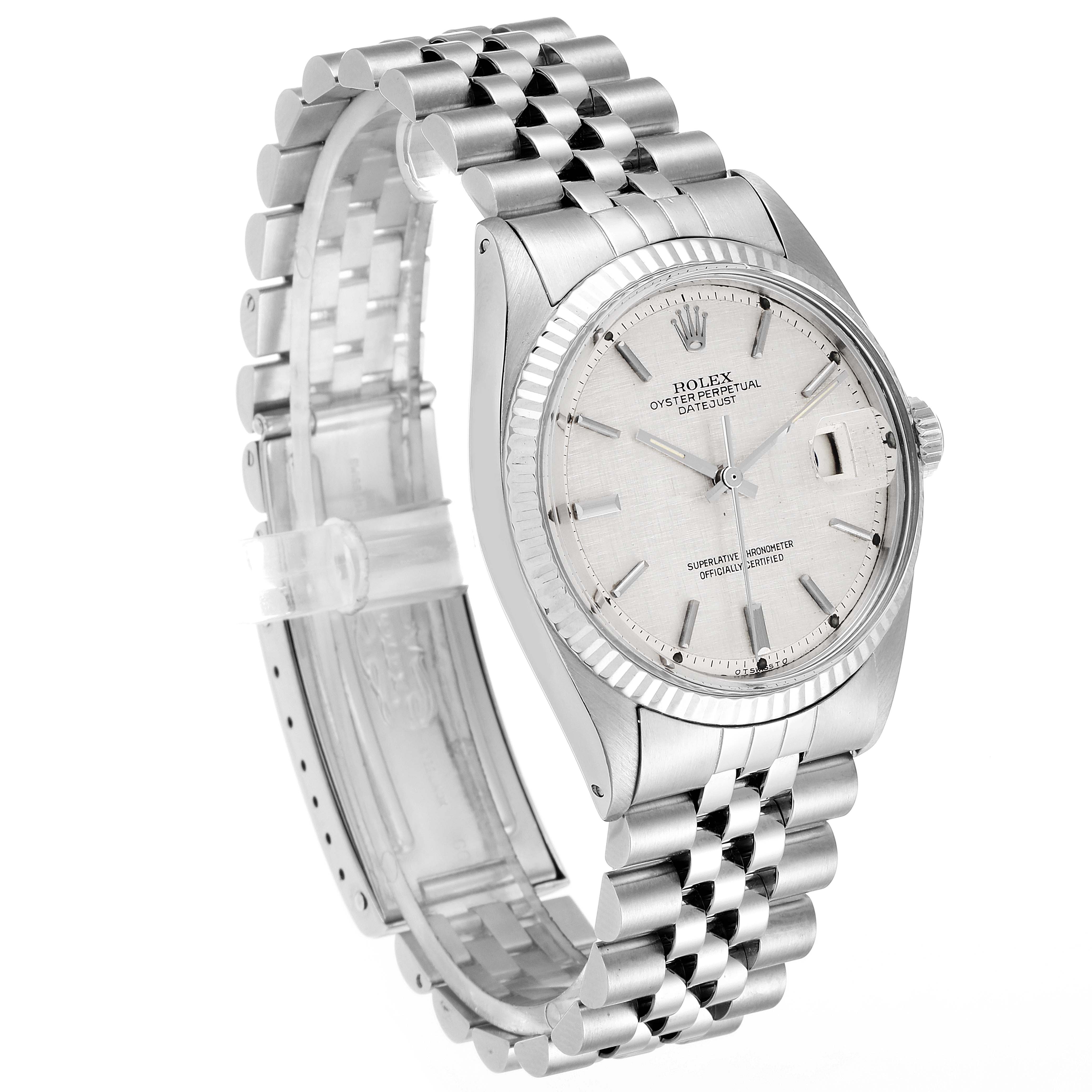 The Rolex Vintage Collection 1601 Men's Stainless Steel Silver Dial 1601 Men's Stainless Steel Silver Dial watch is shown at a front-left angle, displaying the dial, fluted bezel, and jubilee bracelet.