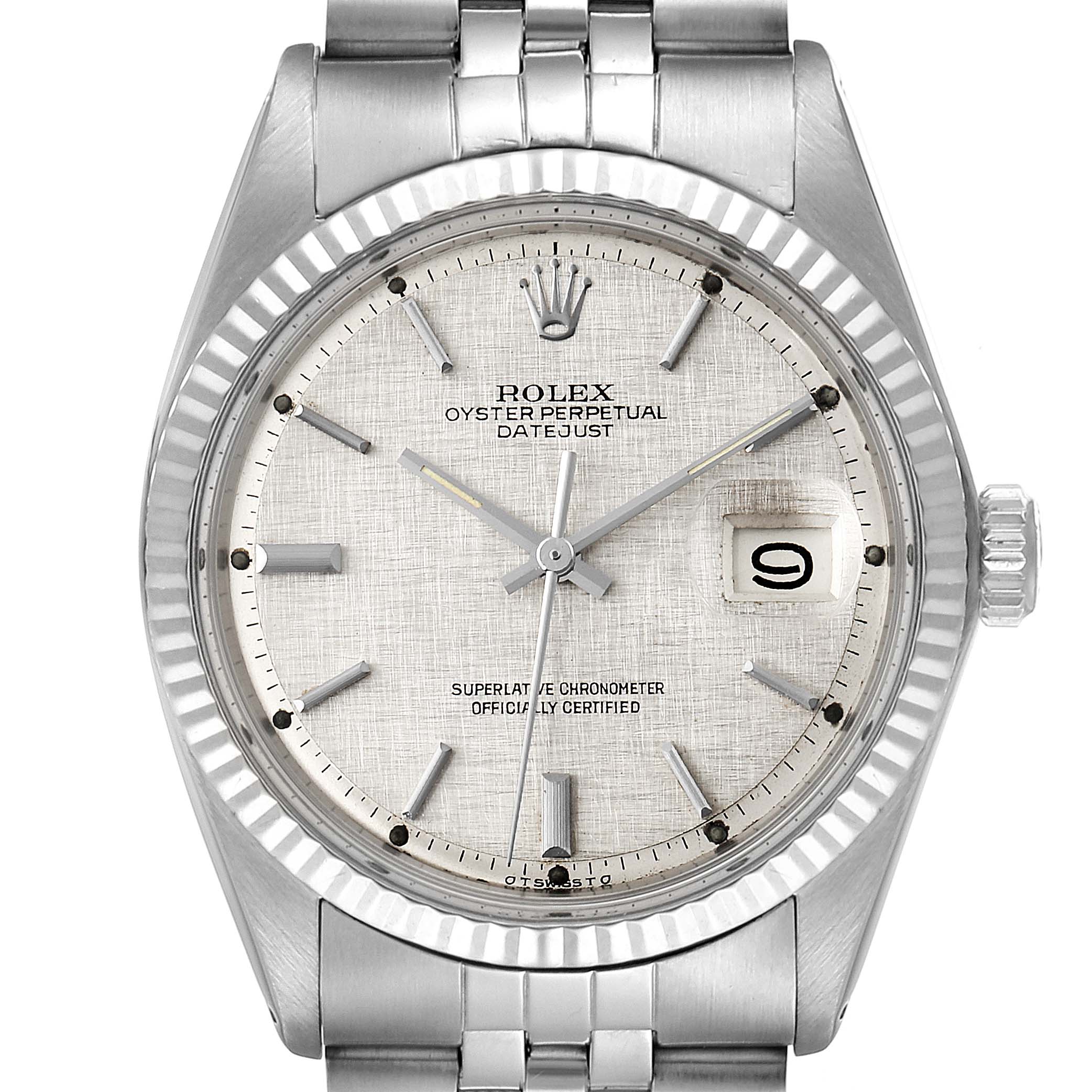 The image displays the face and upper bracelet of a Rolex Vintage Collection 1601 Men's Stainless Steel Silver Dial 1601 Men's Stainless Steel Silver Dial Oyster Perpetual Datejust watch.